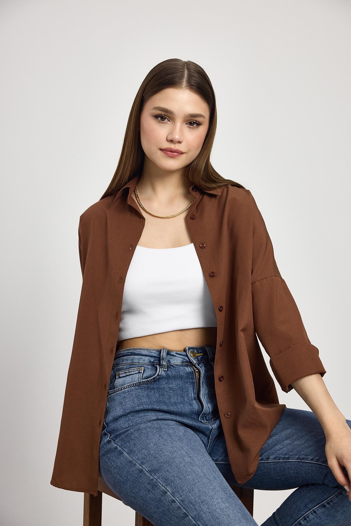 Kadın Gömlek-Acı Kahve Relaxed Fit Rahat Kesim Basic Gömlek - 6621A-rulem