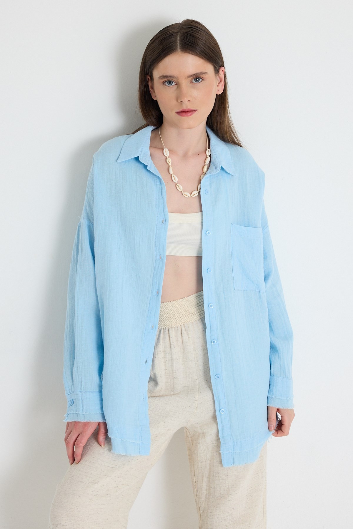 Kadın Gömlek-Bebe Mavi Oversize %100 Pamuk Müslin Gömlek 4786A-rulem