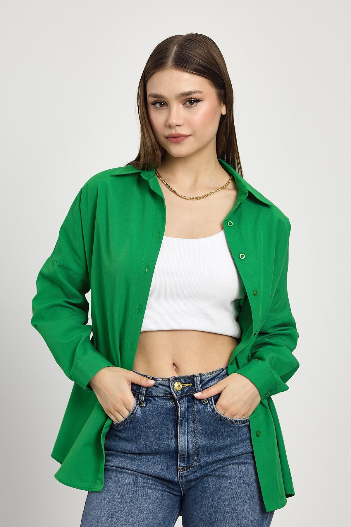 Kadın Gömlek-Benetton Yeşili Relaxed Fit Rahat Kesim Basic Gömlek - 6621A-rulem