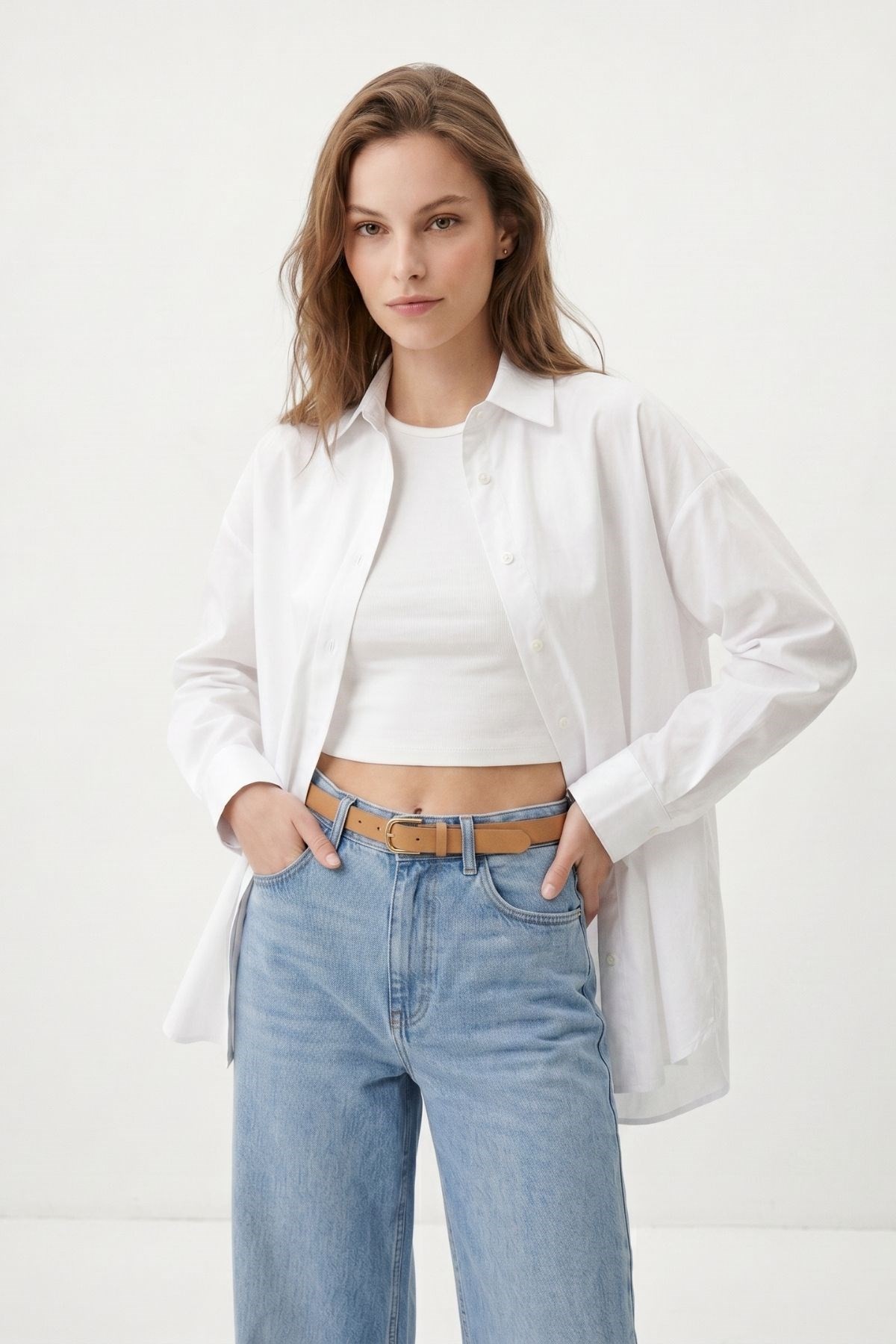 Kadın Gömlek-Beyaz Relaxed Fit Rahat Kesim Basic Gömlek - 6621A-rulem