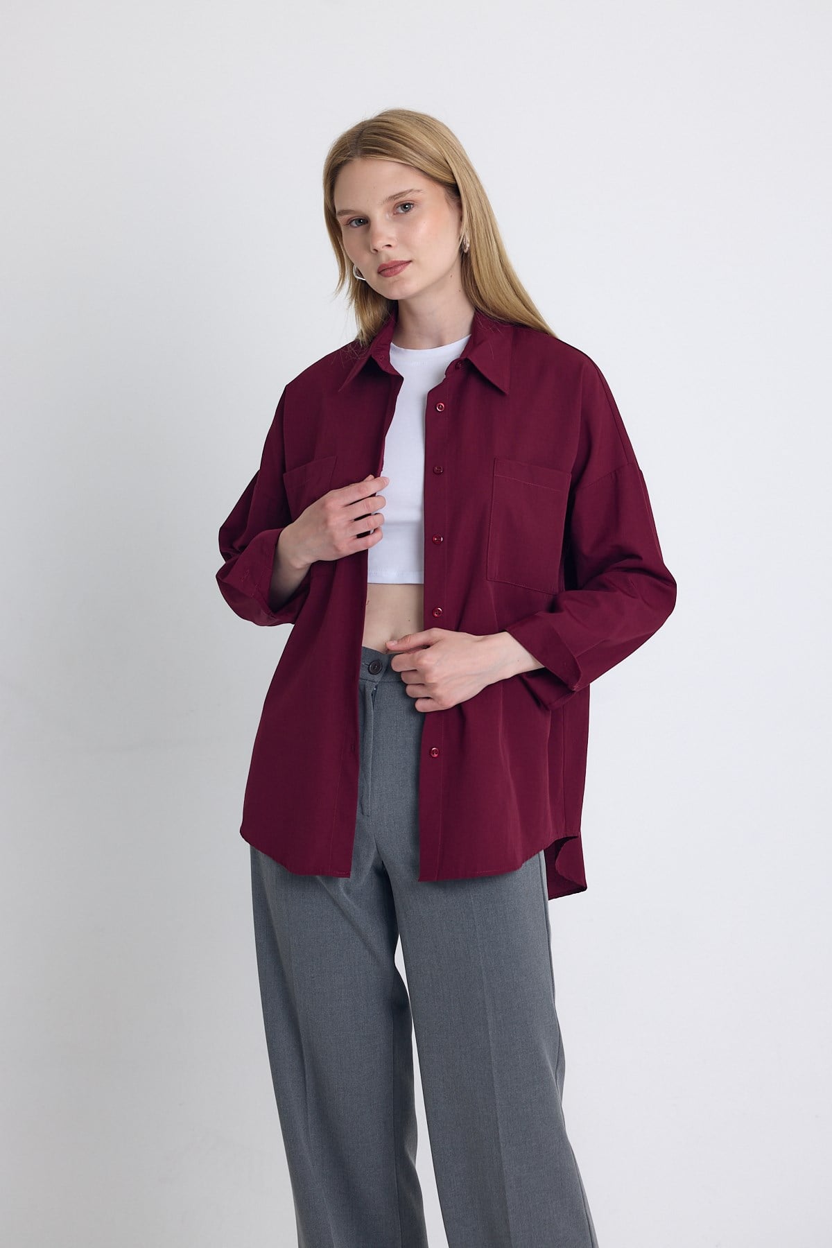 Kadın Gömlek-Bordo Çift Cepli Oversize Uzun Basic Gömlek TCR 6256A-rulem
