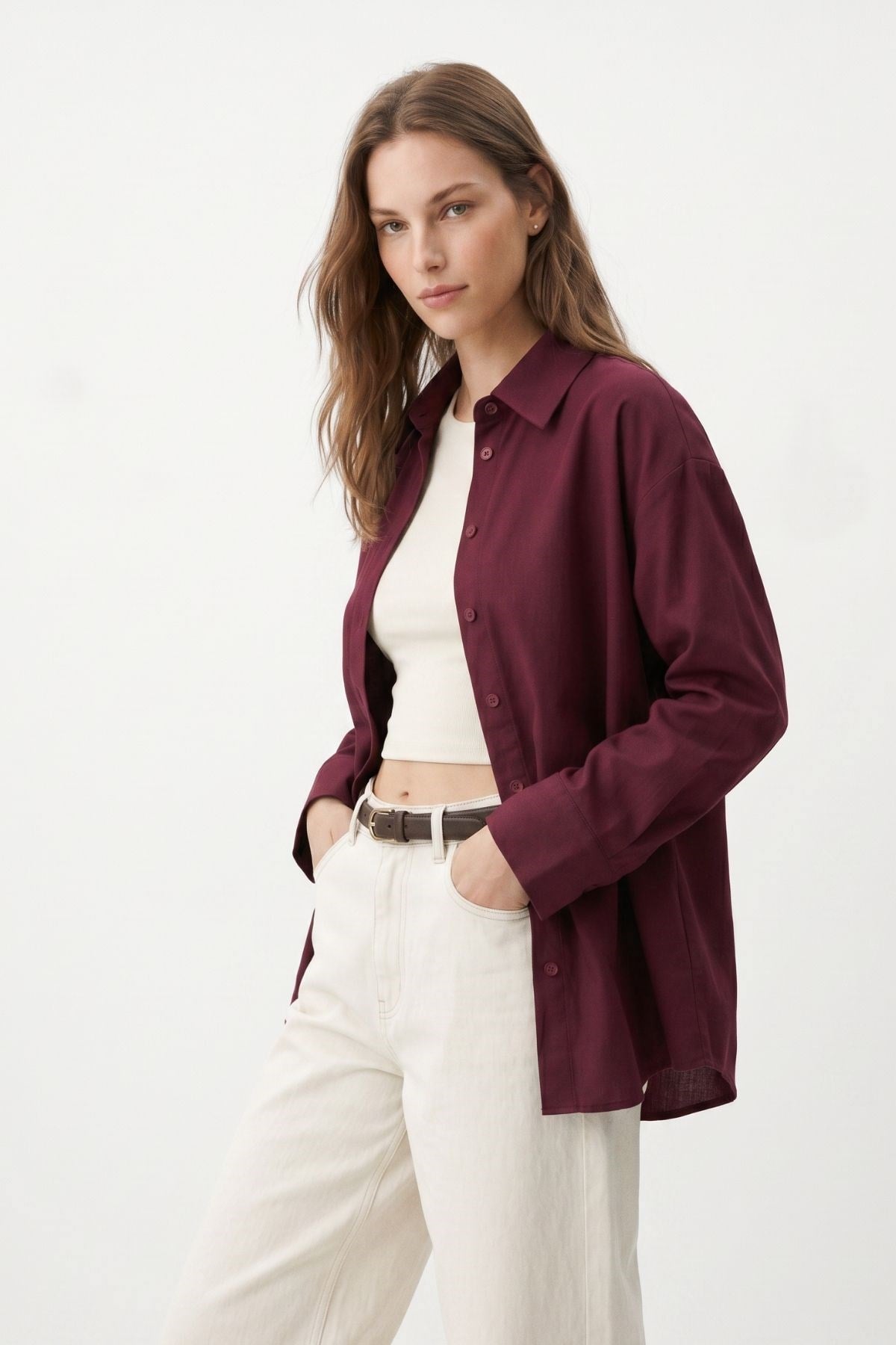 Kadın Gömlek-Bordo Relaxed Fit Rahat Kesim Basic Gömlek - 6621A-rulem