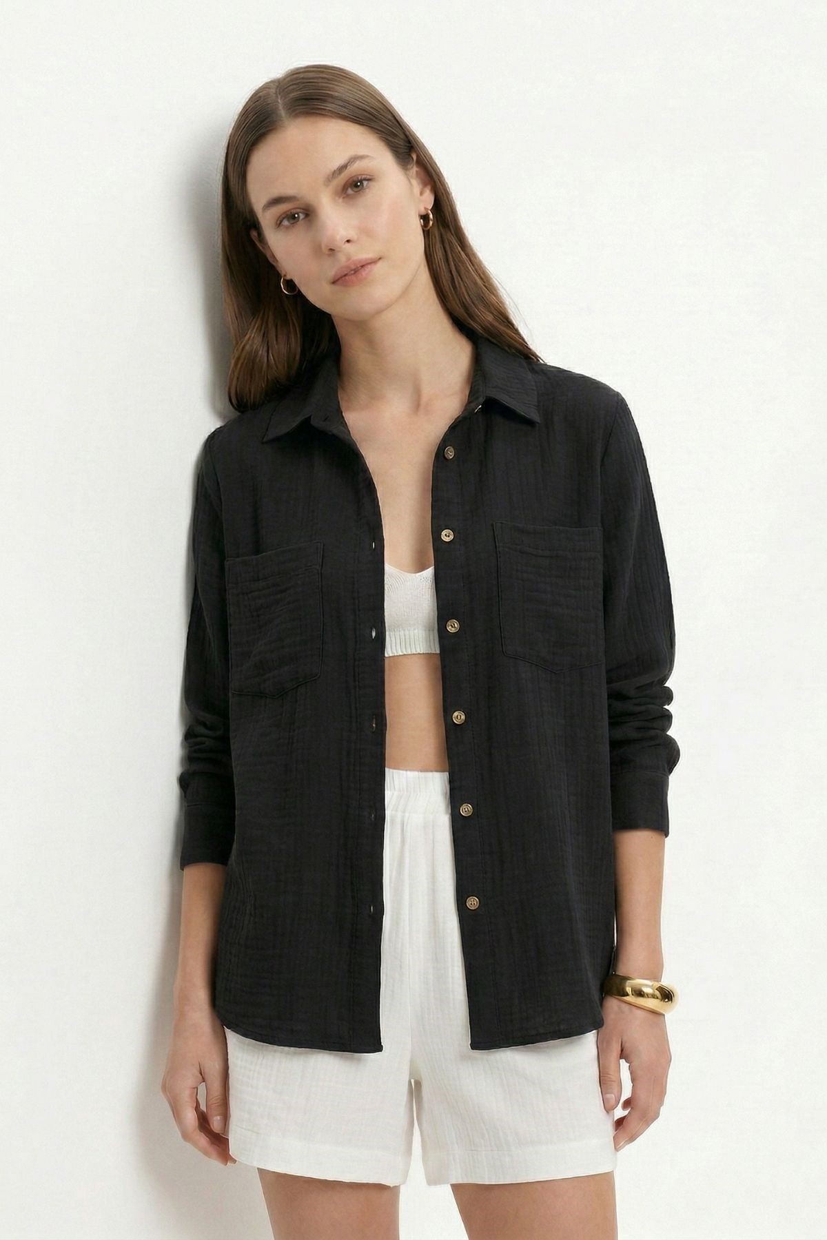 Kadın Gömlek-Çift Cepli Uzun Kol Gömlek 4829A Siyah -rulem