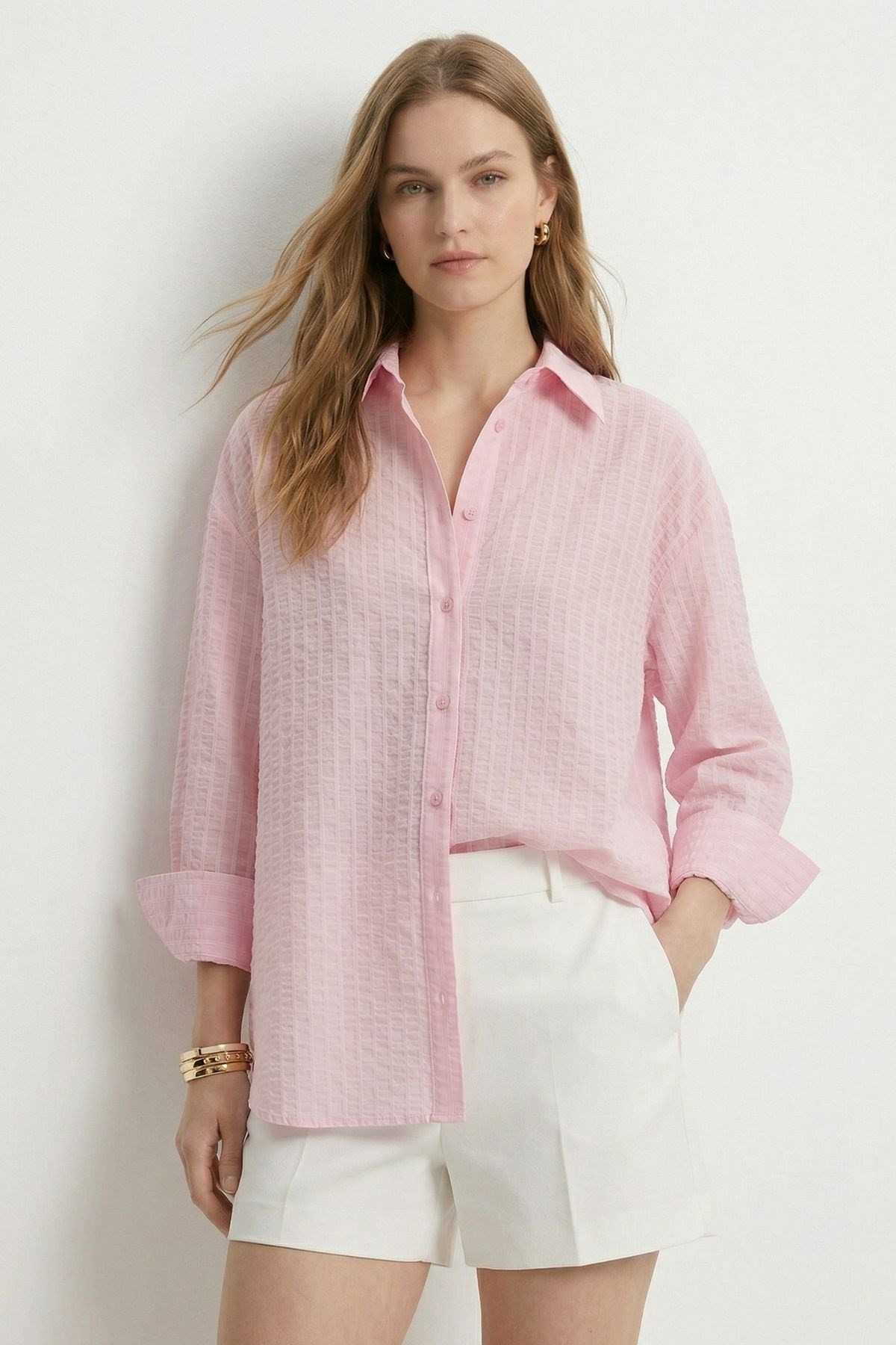 Kadın Gömlek-Çizgili Oversize Gömlek 5460 Pembe -rulem