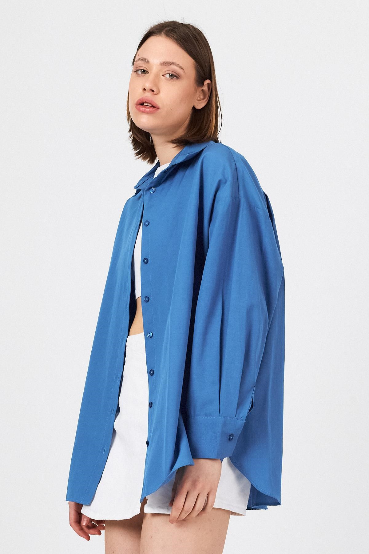 Kadın Gömlek-İndigo Oversize Basic Uzun Gömlek 4664A-rulem