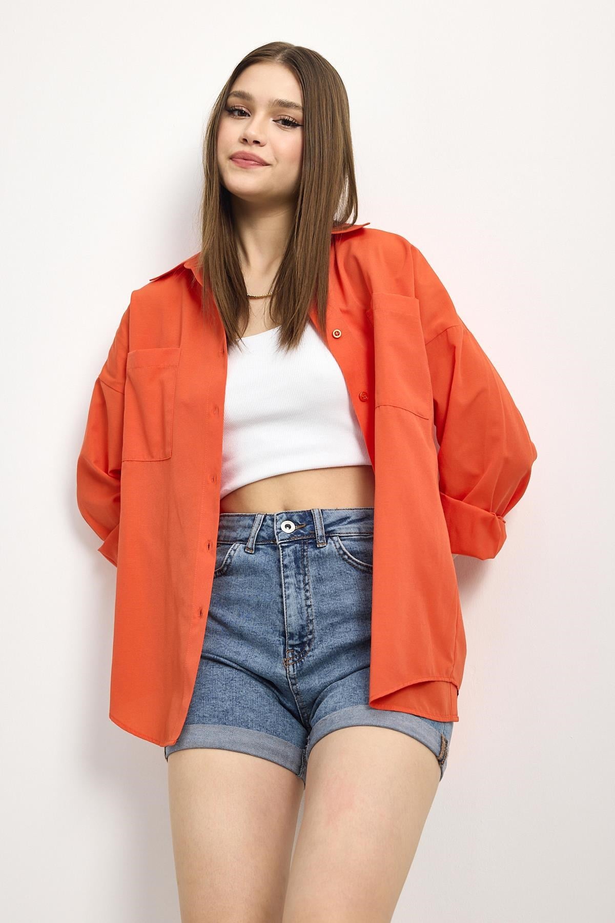 Kadın Gömlek-Orange Çift Cepli Oversize Uzun Basic Gömlek TCR 6256A-rulem