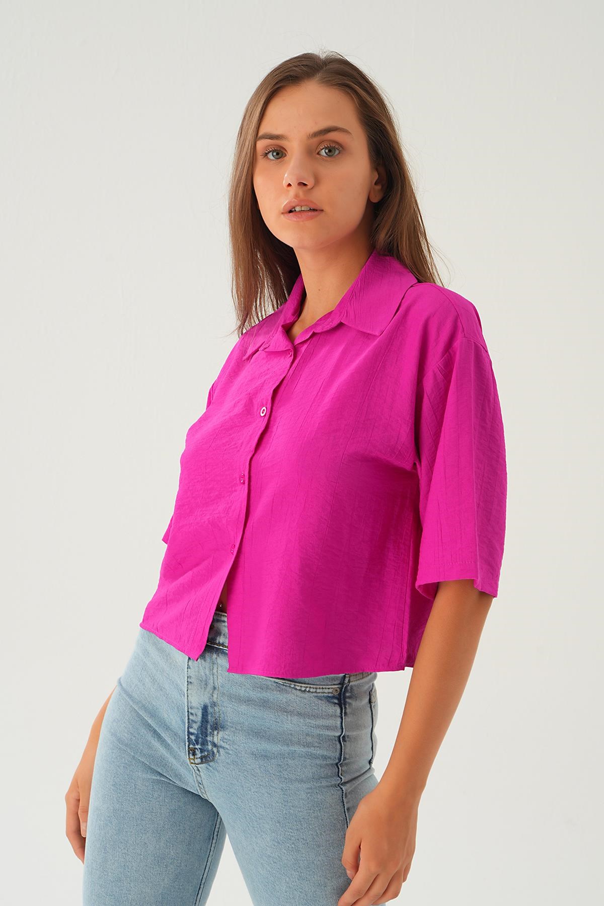 Kadın Gömlek-Oversize Kısa Gömlek 4159A Fuşya -rulem