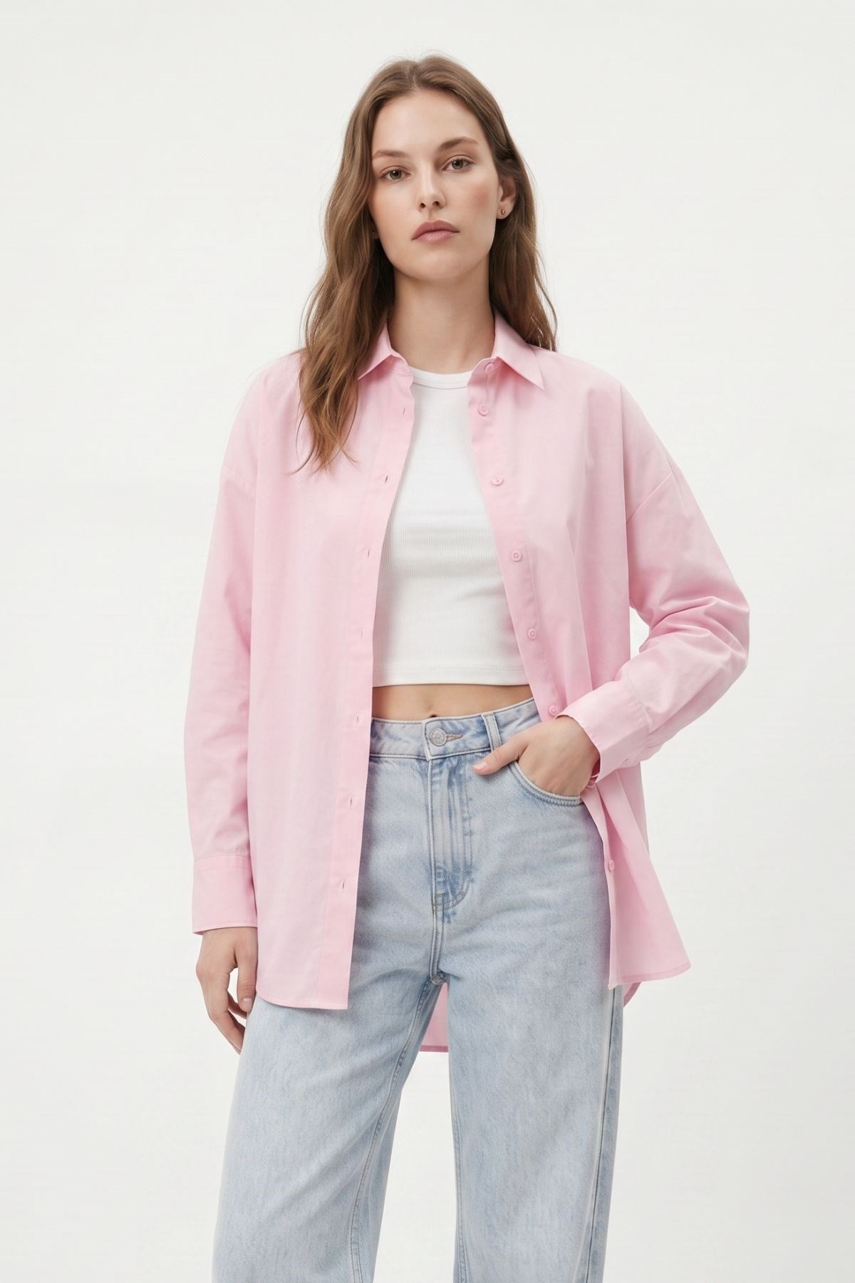 Kadın Gömlek-Pembe Relaxed Fit Rahat Kesim Basic Gömlek - 6621A-rulem