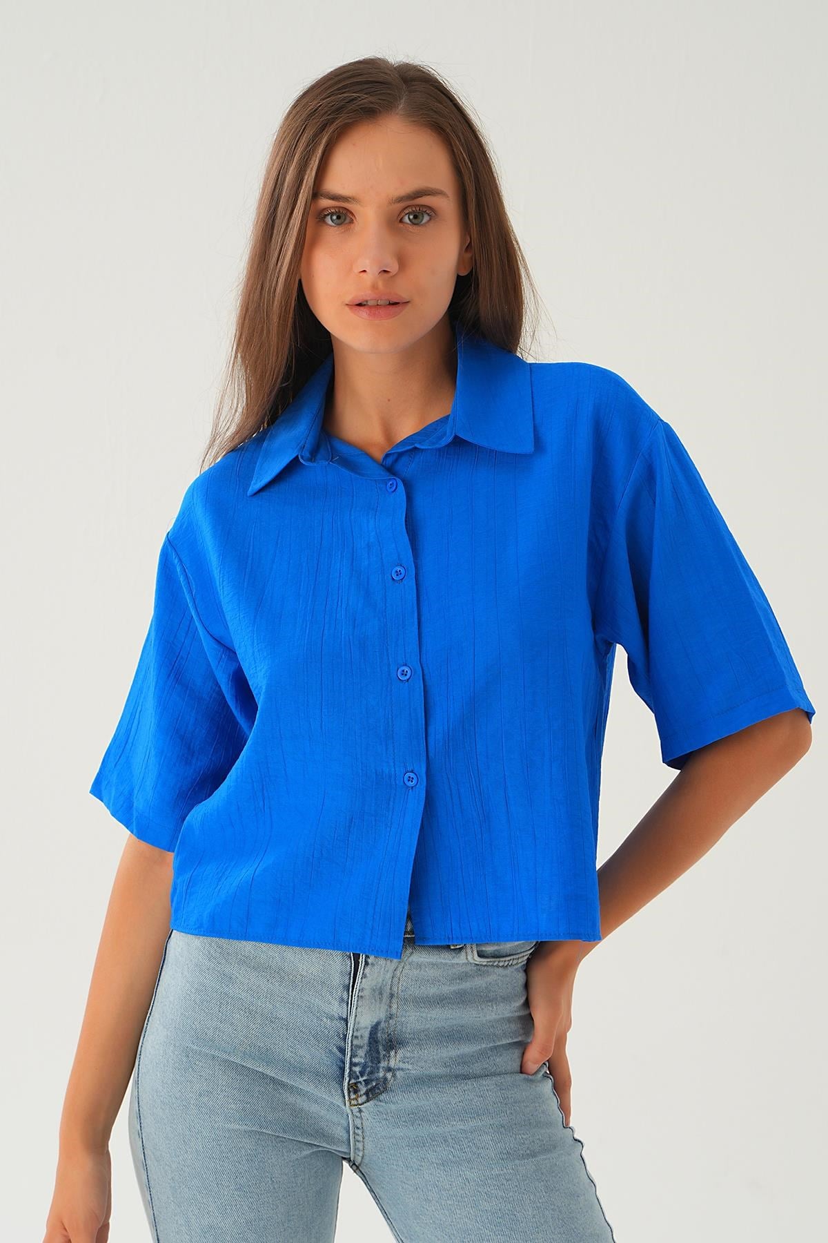 Kadın Gömlek-Saks Oversize Kısa Gömlek 4159A-rulem