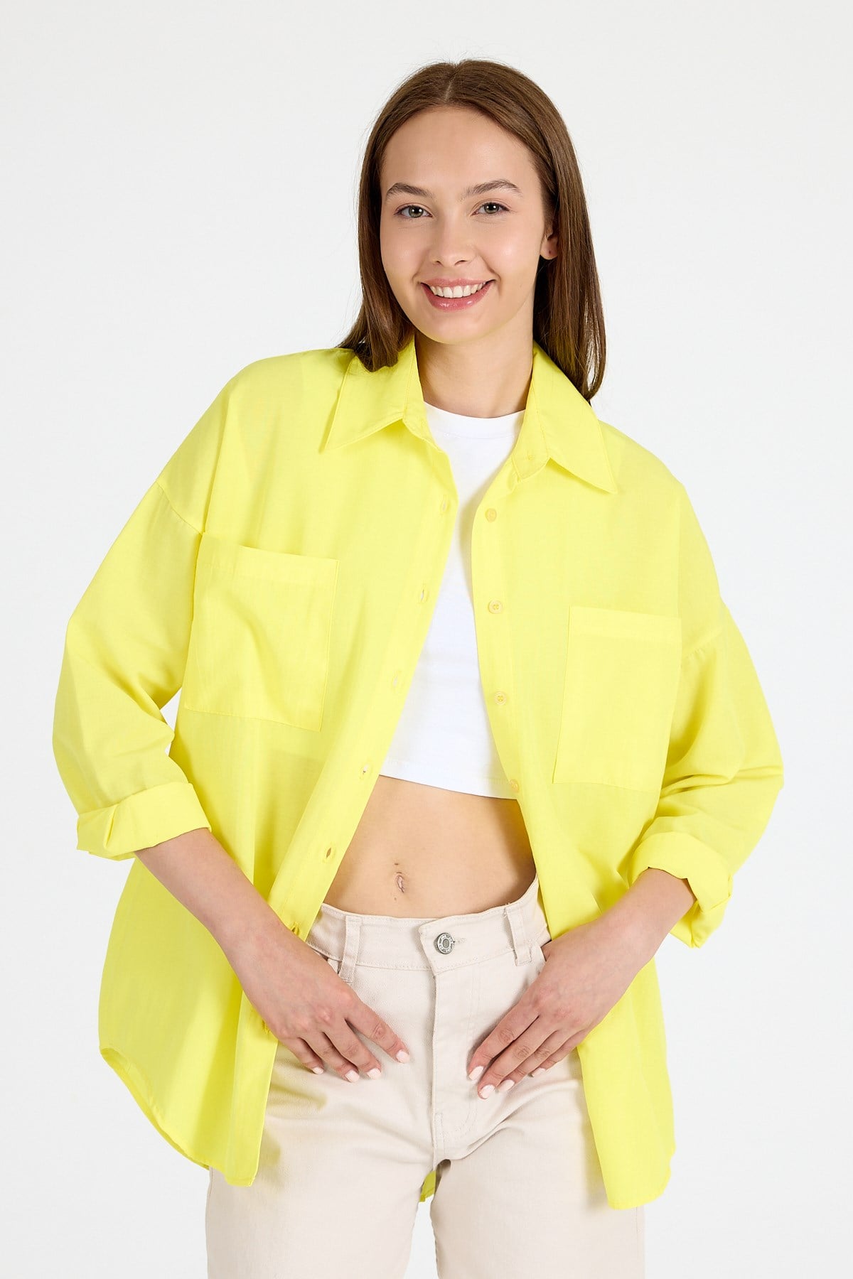 Kadın Gömlek-Sarı Çift Cepli Oversize Uzun Basic Gömlek TCR 6256A-rulem
