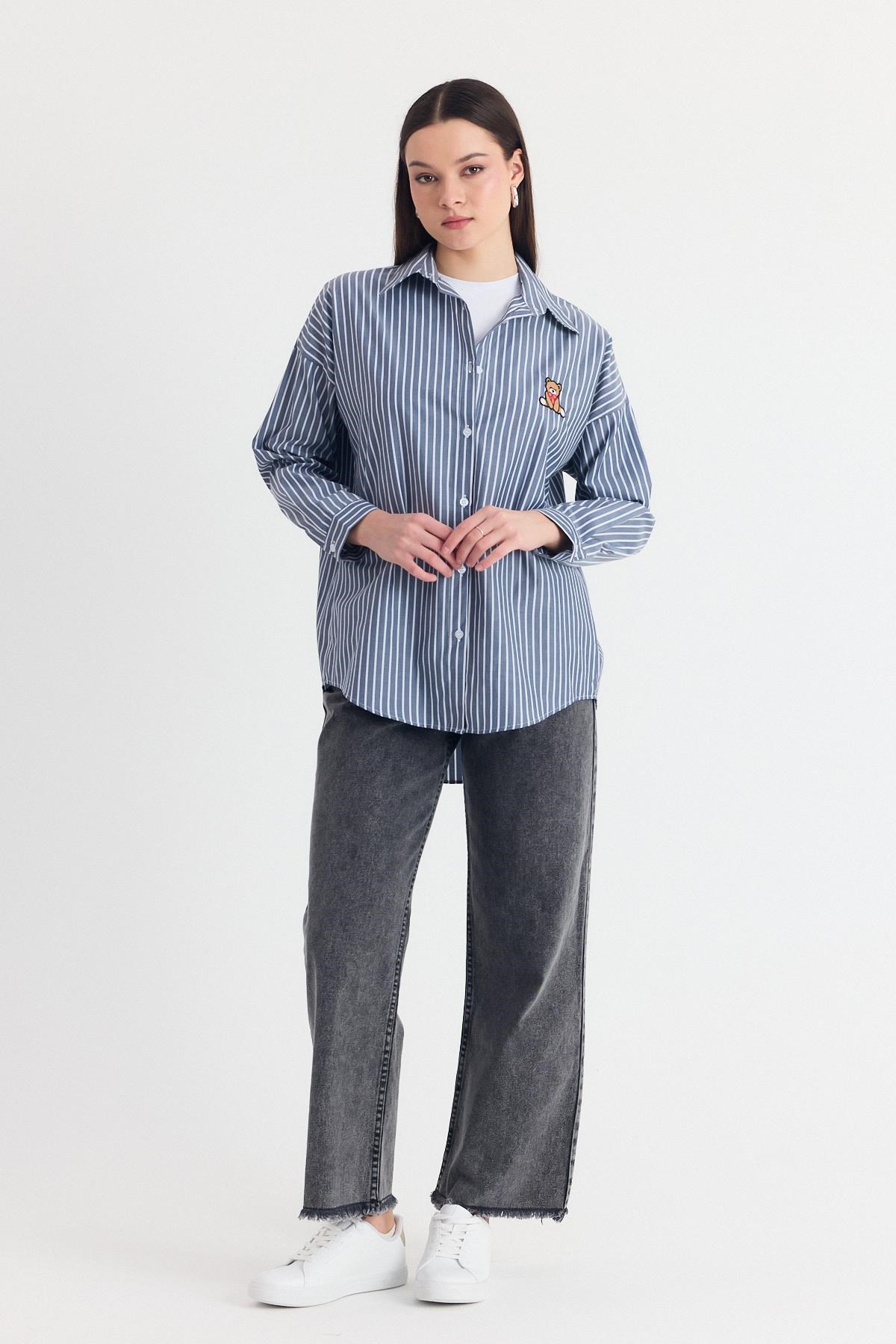 Kadın Gömlek-Siyah Ayıcık Nakışlı Oversize Gömlek 4689A-rulem