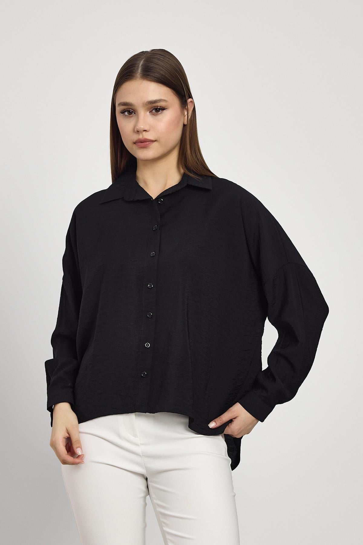 Kadın Gömlek-Siyah Oversize Klasik Gömlek 4316A-rulem