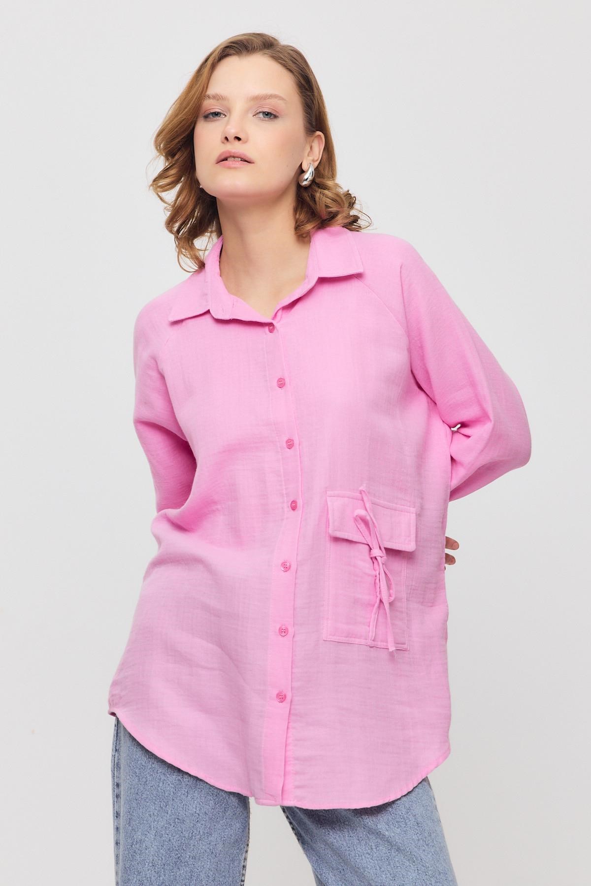 Kadın Gömlek-Tek Cep Düğmeli Gömlek 4516A Pembe -rulem