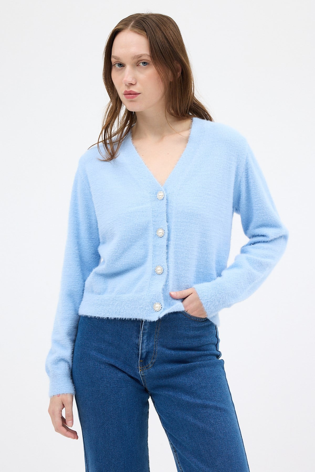 Kadın Hırka-Bebe Mavi İnci Düğmeli Tüylü Kadın Crop Hırka 24170-rulem