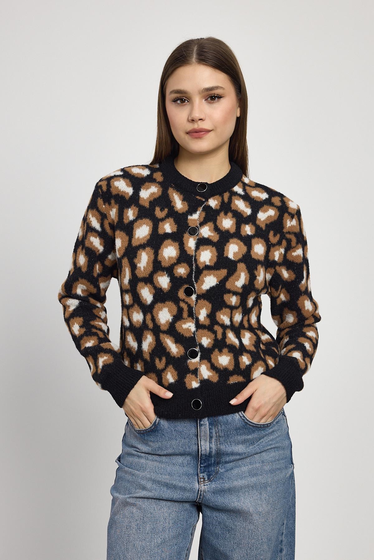 Kadın Hırka-Leopar Detay Triko Hırka 24367 Siyah -rulem