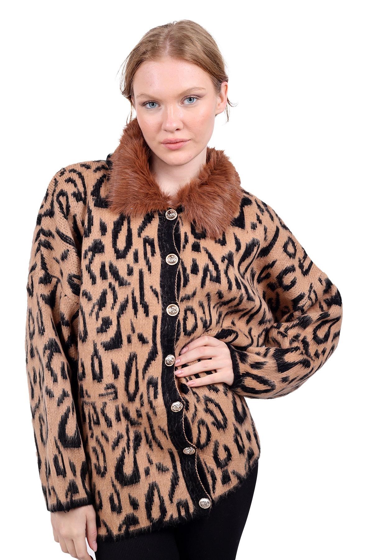 Kadın Hırka-Leopar Yakası Kürklü Hırka 22288 Kahve -rulem