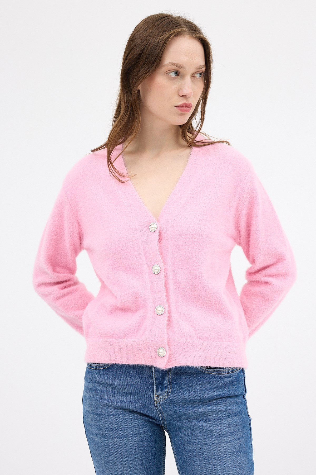 Kadın Hırka-Pembe İnci Düğmeli Tüylü Kadın Crop Hırka 24170-rulem