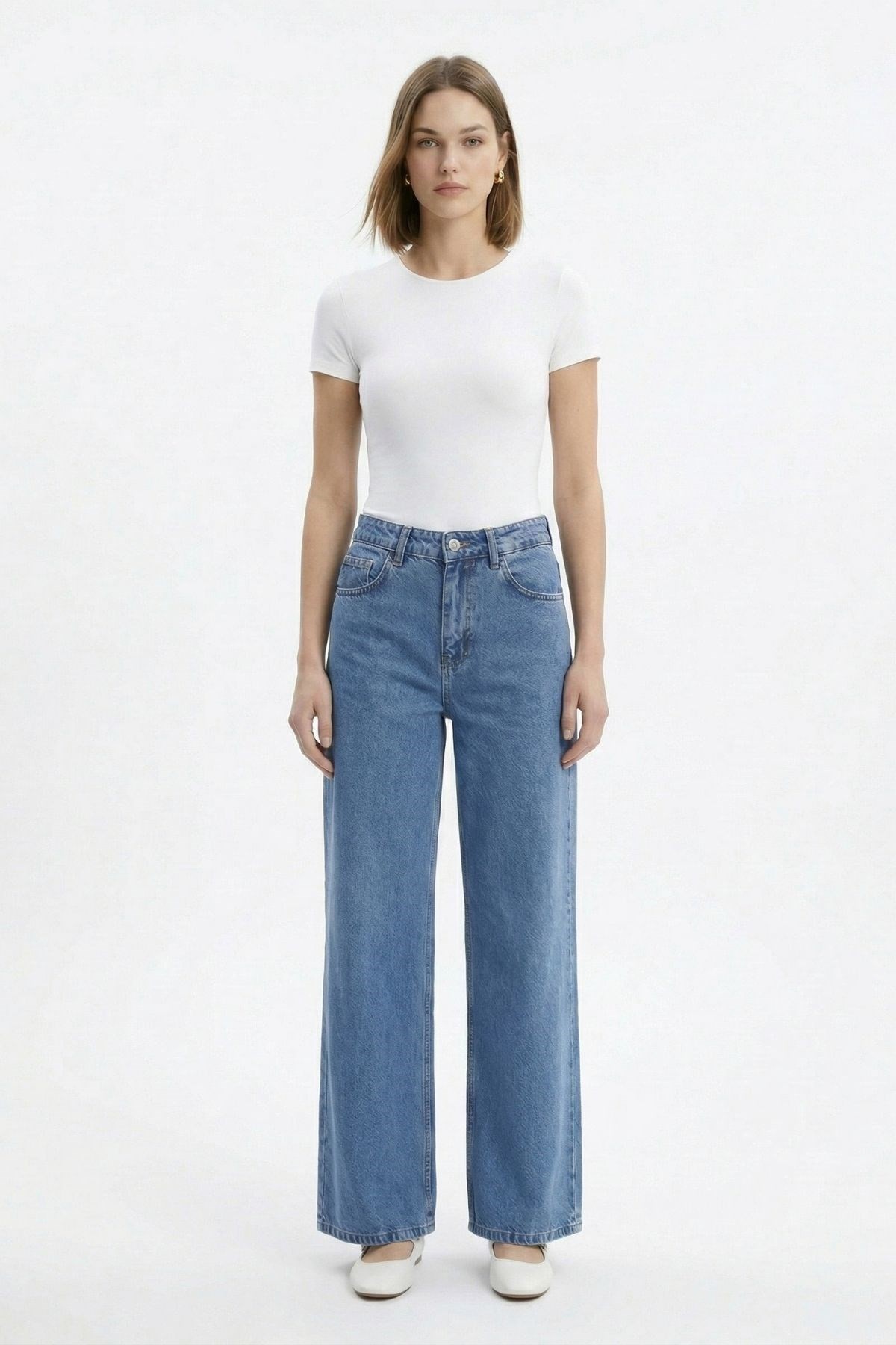 Kadın Jean Pantolon-Arka Kemerli Palazzo Jean 3094-1 Buzkar -rulem