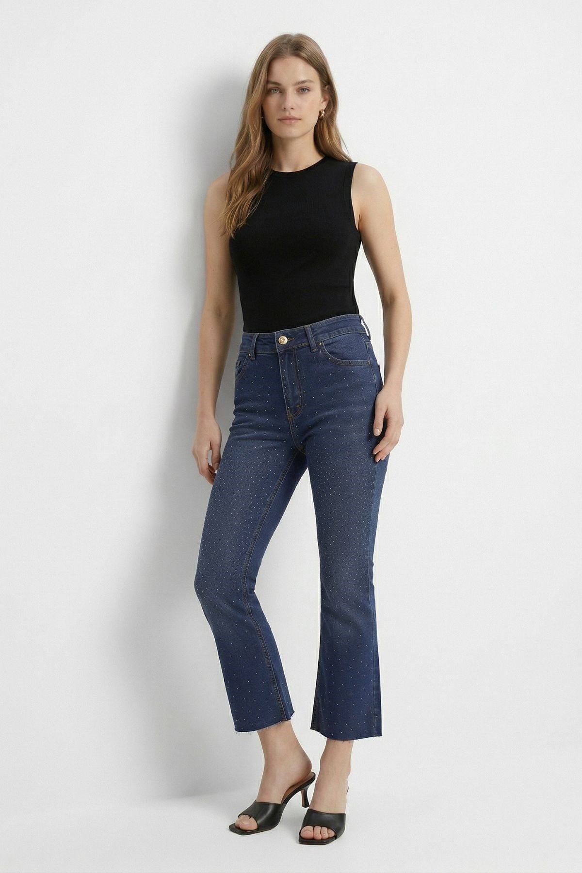 Kadın Jean Pantolon-İspanyol Paça Taşlı Jean 3047-12 Tint Kahve -rulem