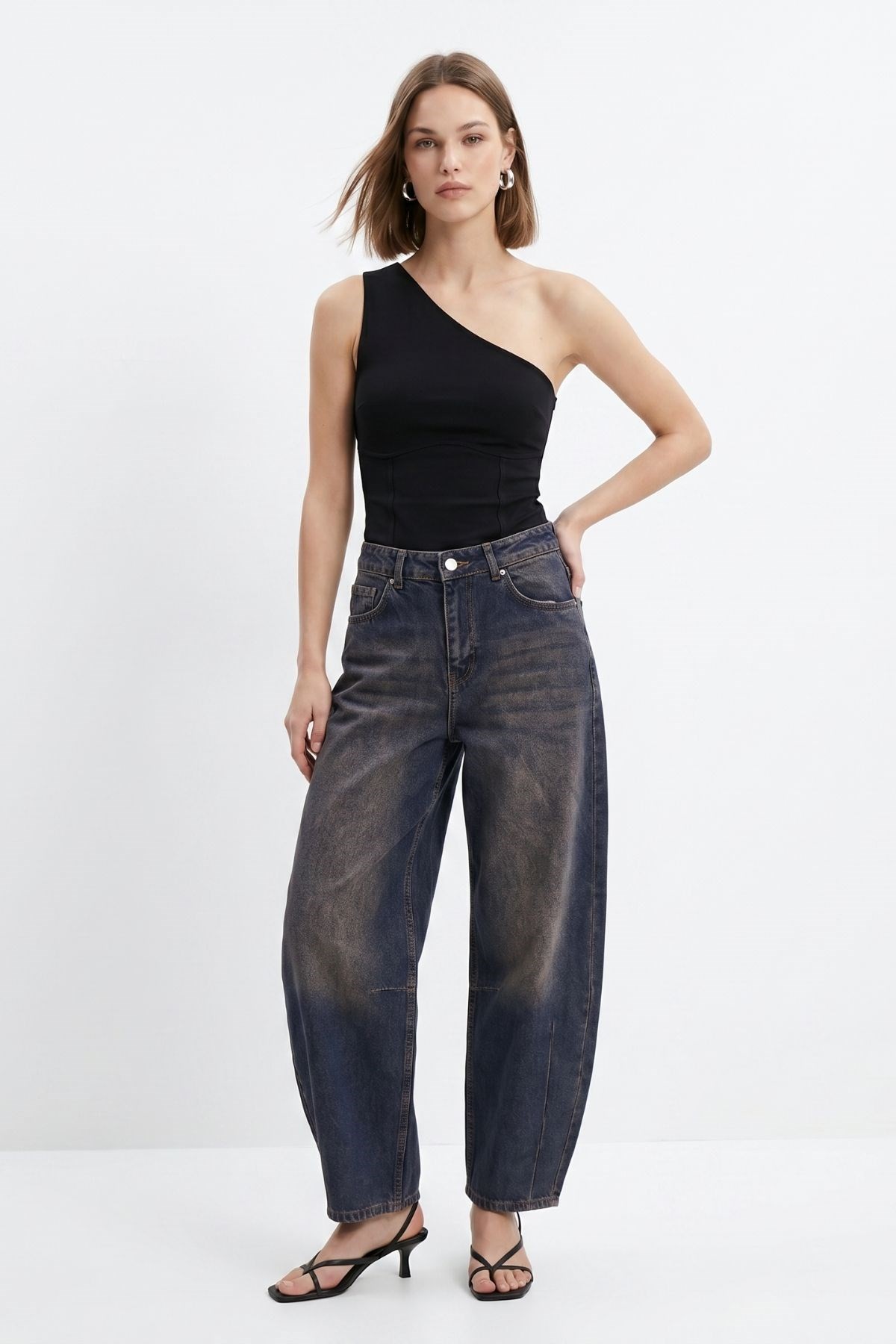Kadın Jean Pantolon-Paça Pileli Baggy Jean 3092 Tint Kahve -rulem