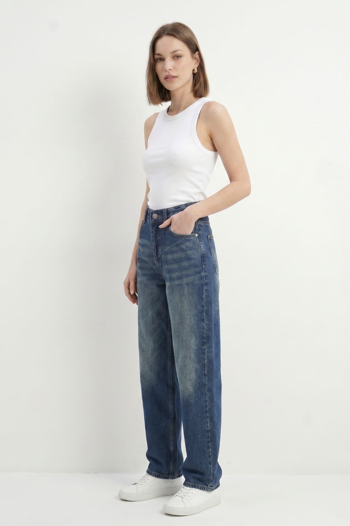 Kadın Jean Pantolon-Tint Yeşil Yüksek Bel Baggy Jean 1061-rulem