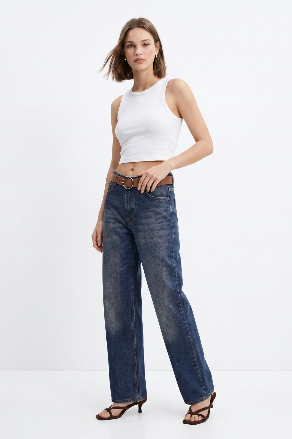 Kadın Jean Pantolon-Yüksek Bel Kemerli Jean 3069 Tint Kahve -rulem