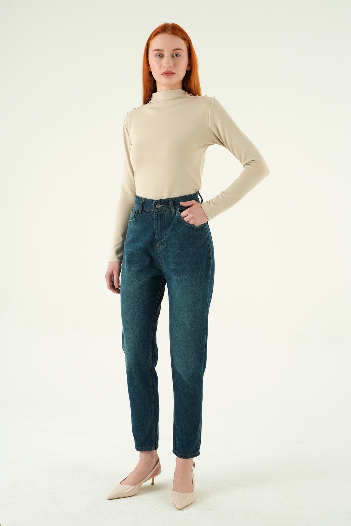 Kadın Jean Pantolon-Yüksek Bel Mom Jean 1063 Tint Yeşil -rulem