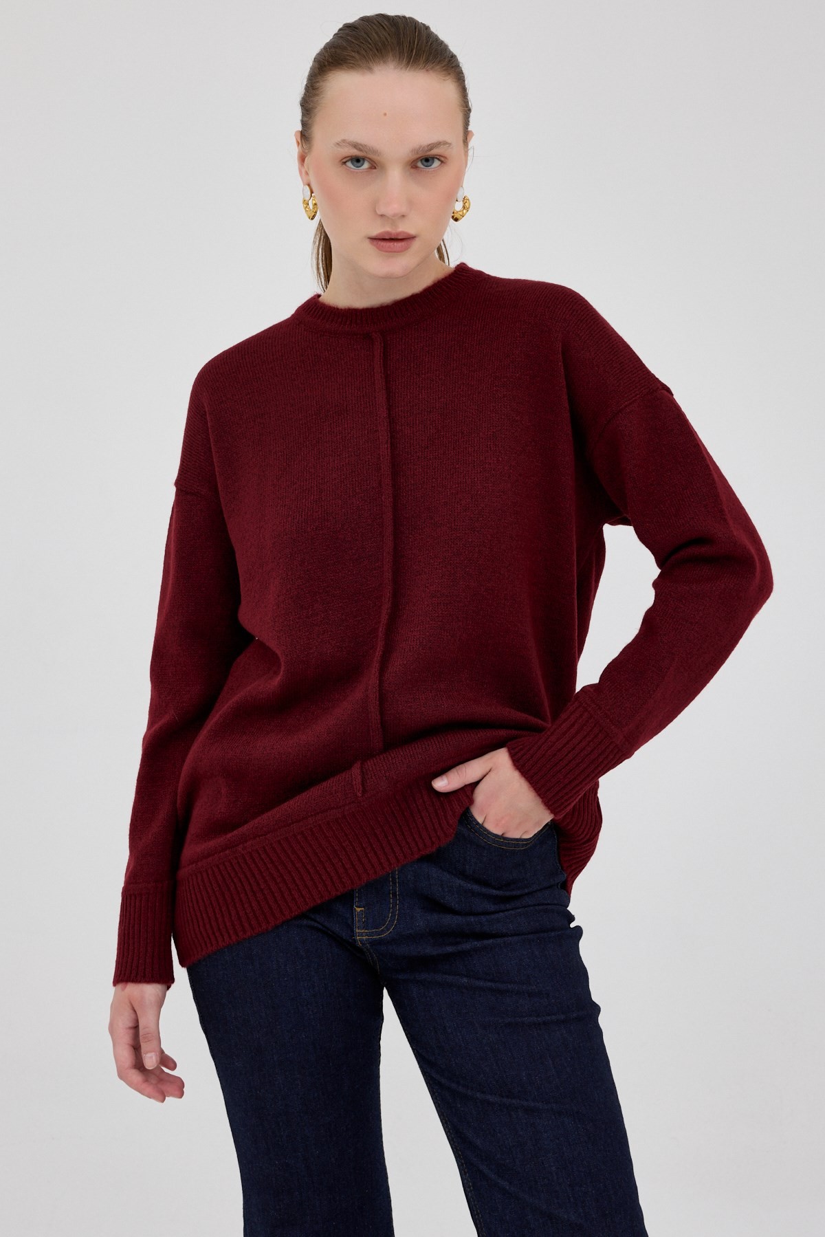 Kadın Kazak-Bordo Oversize Bisiklet Yaka Kadın Kazak 2345-rulem