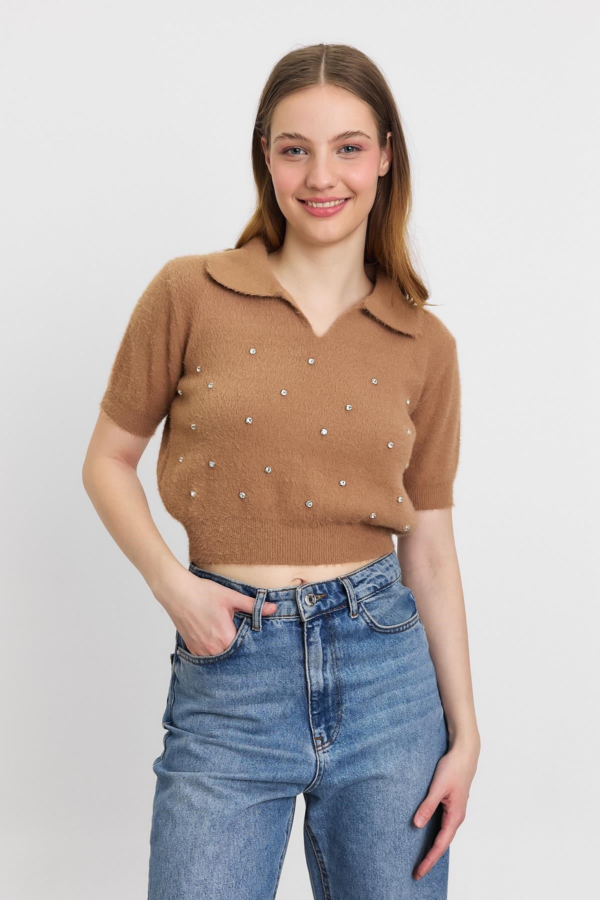 Kadın Kazak-İnci Detay Yumoş Kazak 6625 Camel -rulem