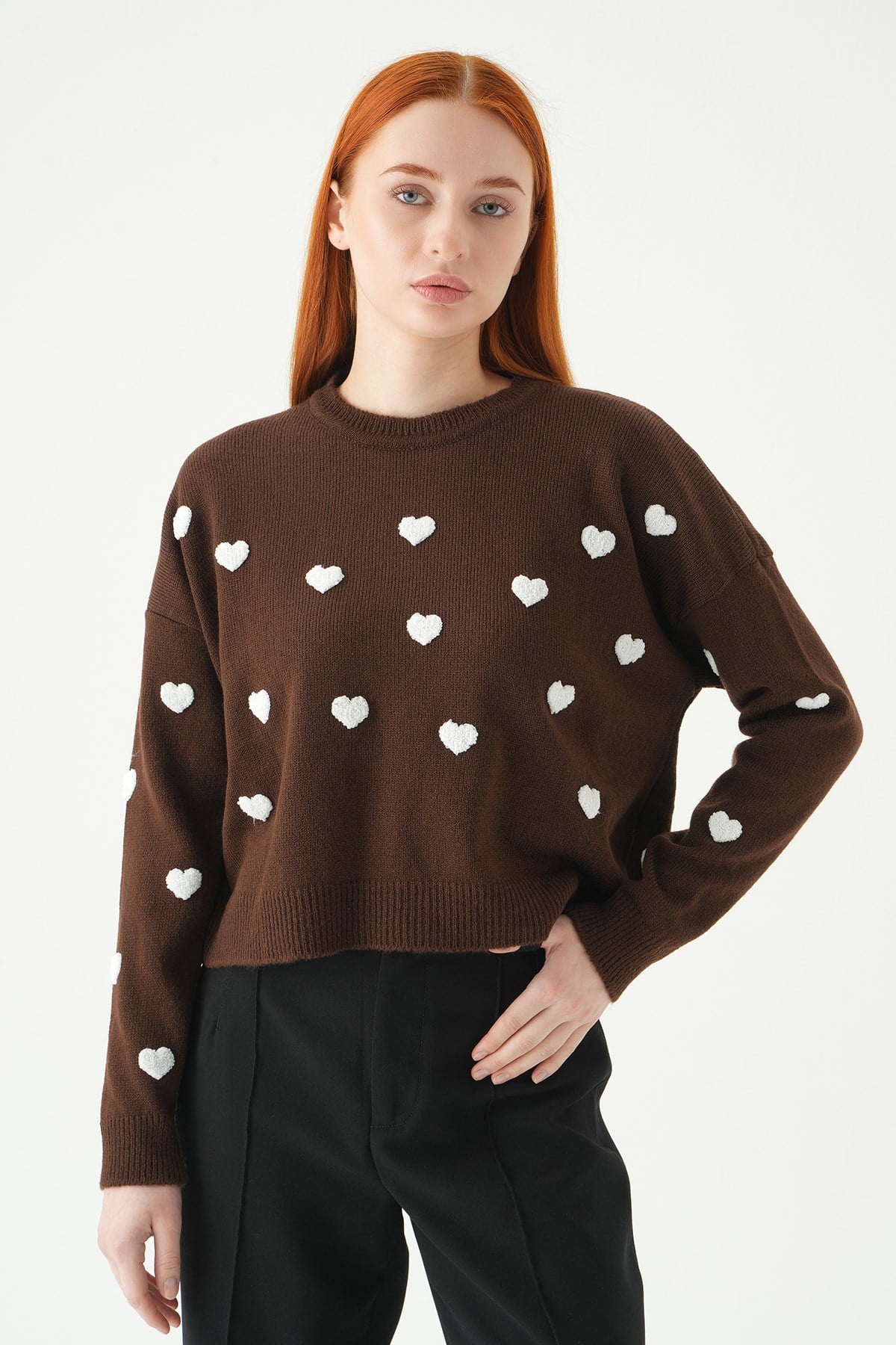 Kadın Kazak-Kalp Nakışlı Kısa Kazak 2337 Kahve -rulem