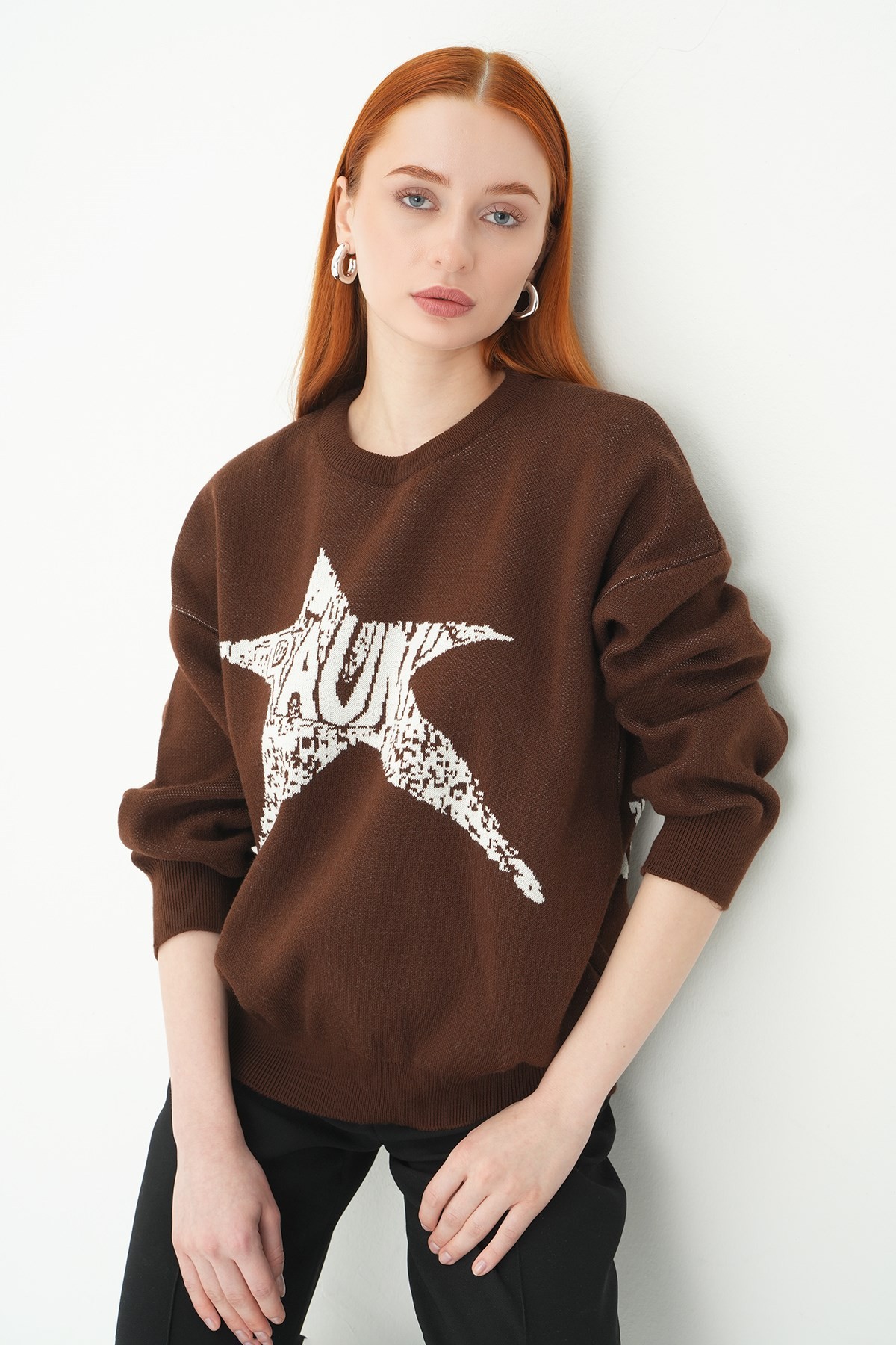 Kadın Kazak-Yıldız Baskılı Oversize Kazak 2474 Kahve - Ekru -rulem