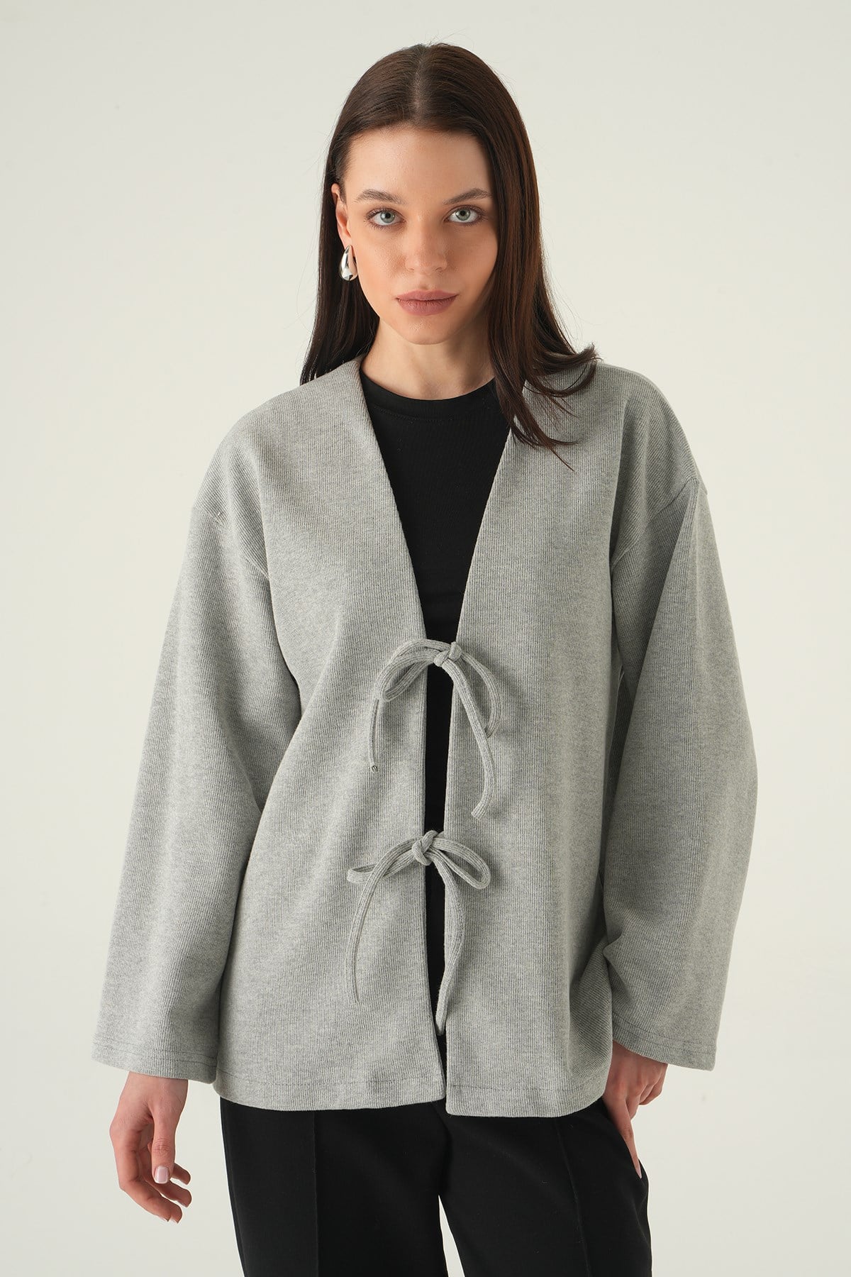 Kadın Kimono-Ön Bağlamalı Uzun Kimono 3072A Gri -rulem