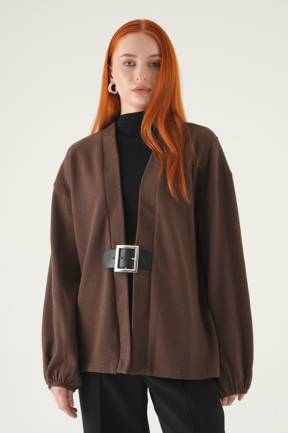 Kadın Kimono-Önden Kemerli Kimono 3123A Kahve -rulem