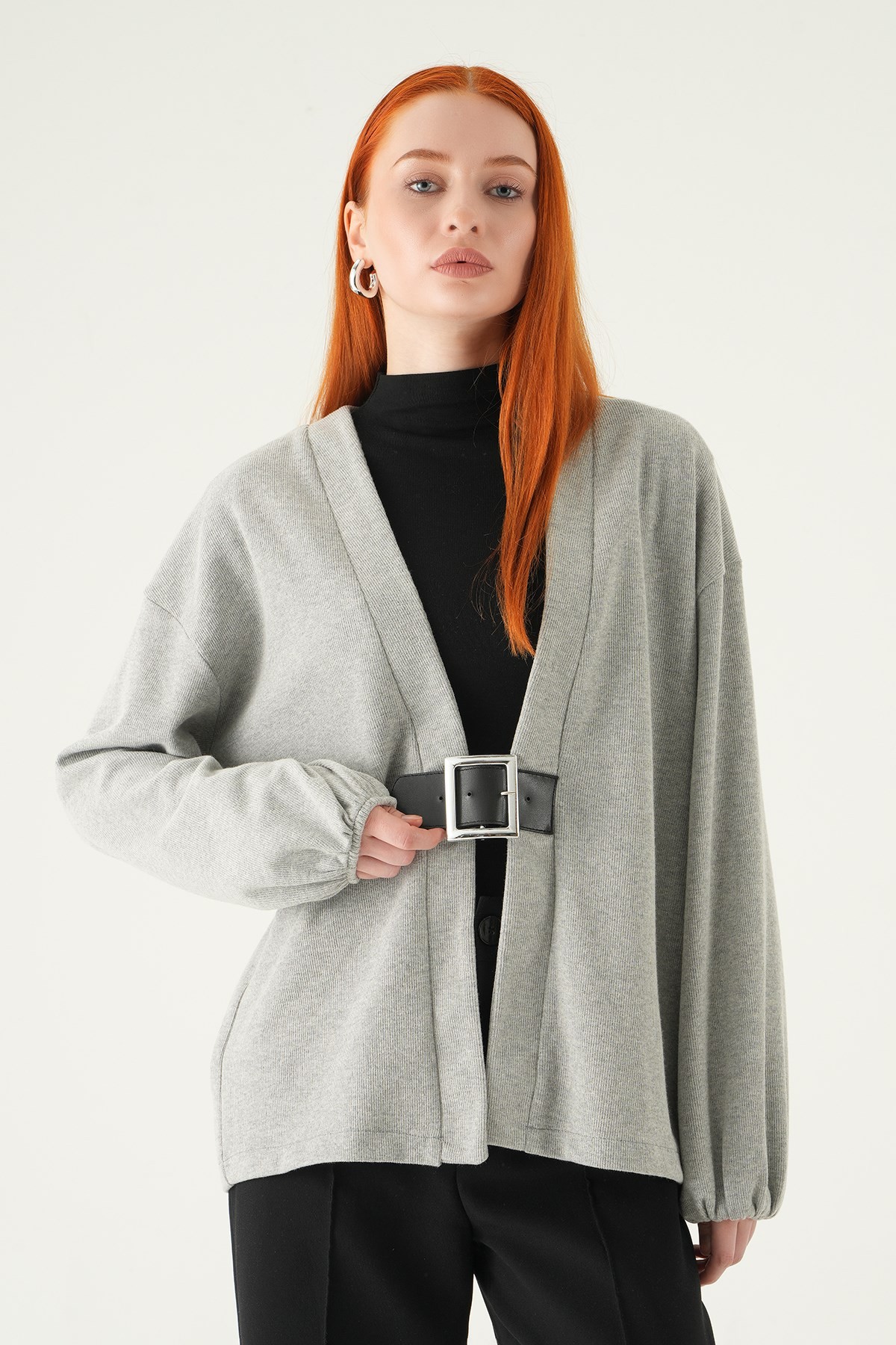 Kadın Kimono-Önden Kemerli Kimono 3123A Gri -rulem
