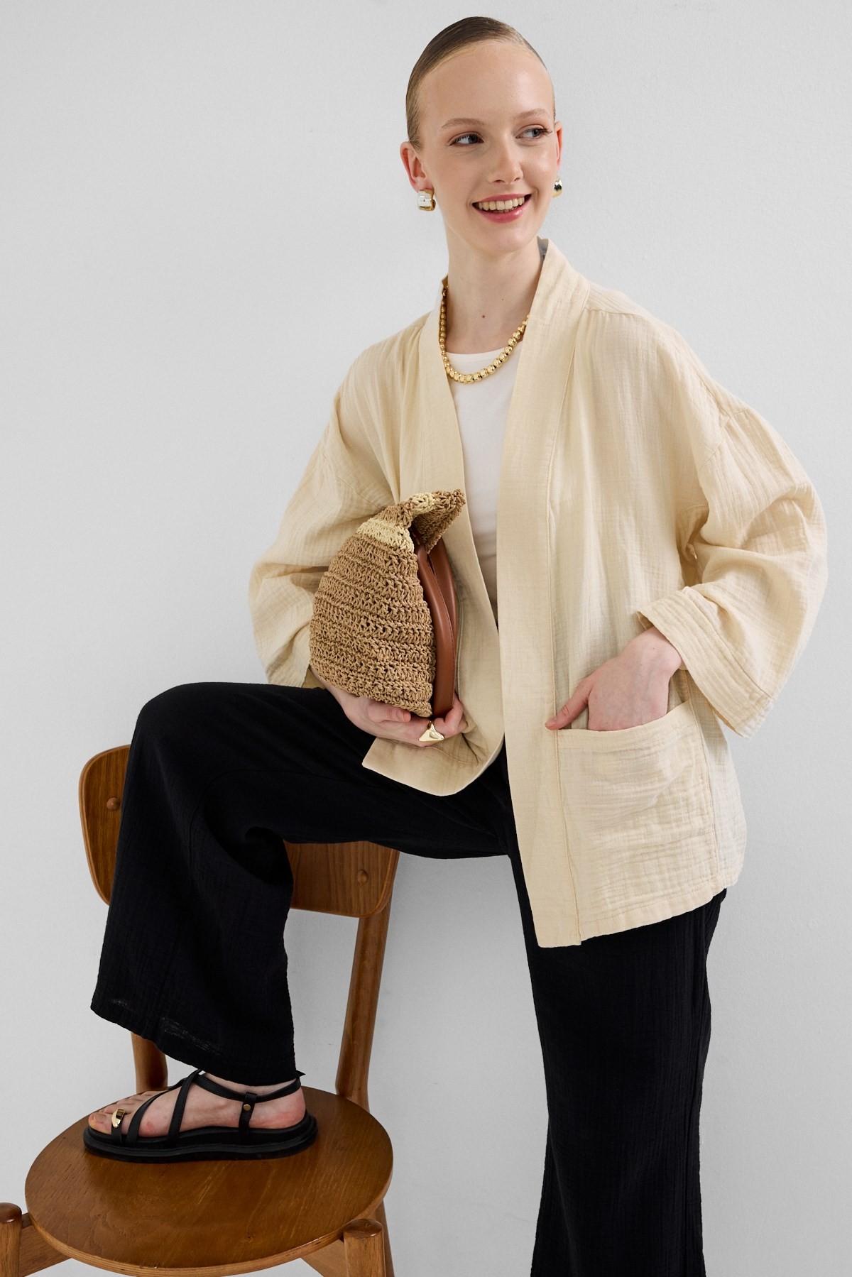Kadın Kimono-Taş %100 Pamuk Ceplİ Müslin Kimono 8065A-rulem