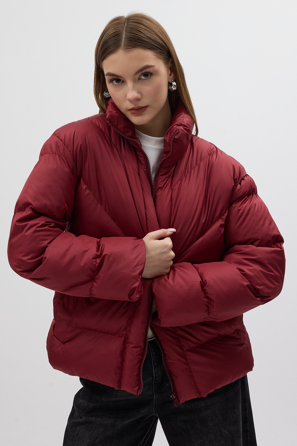 Kadın Mont-Bordo Oversize Dik Yaka Şişme Mont 4010-rulem