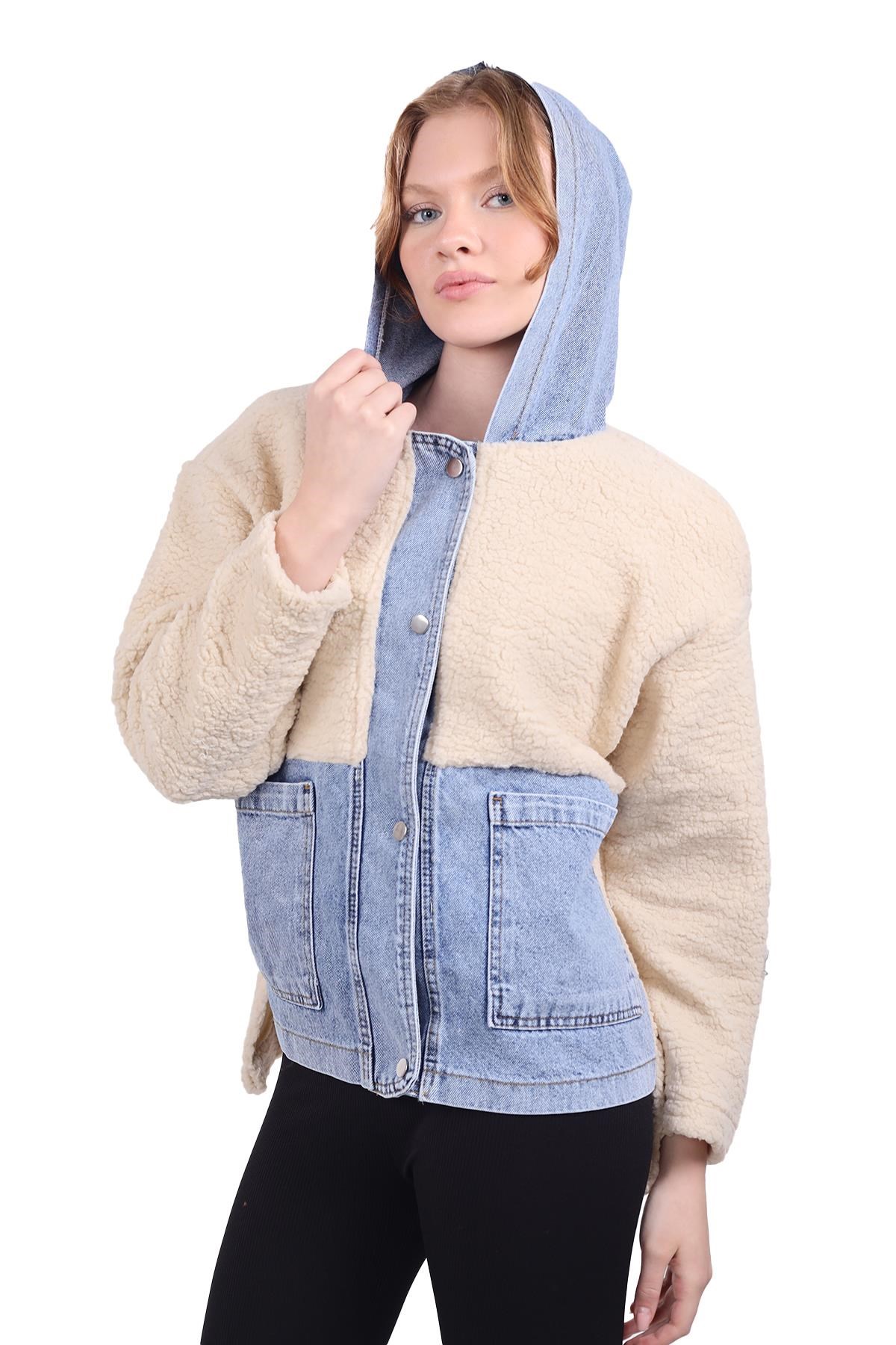 Kadın Mont-Kapüşonlu Kot Detay Peluş Mont 9063 Taş -rulem
