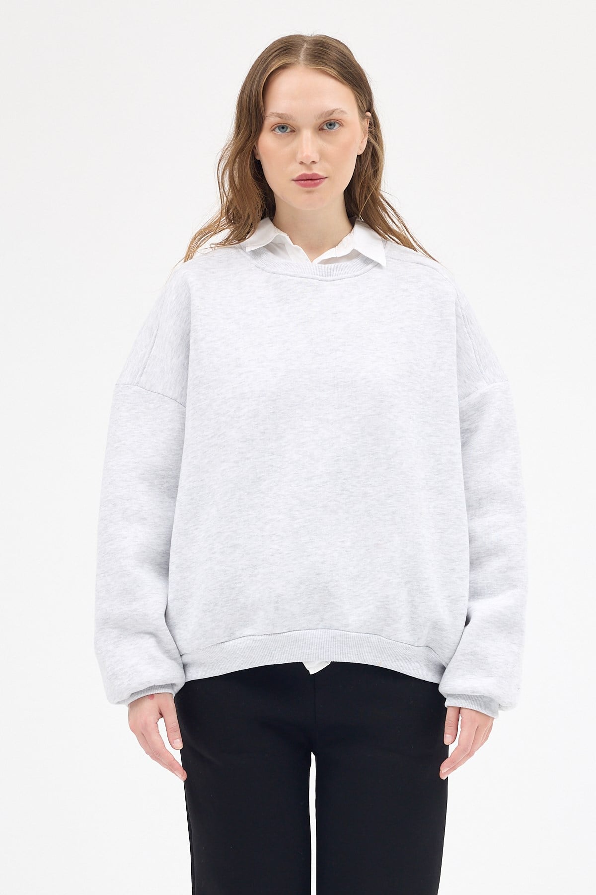 Kadın Pamuklu İçi Polarlı Oversize Yuvarlak Yakalı Karmelanj Sweatshirt 9152M