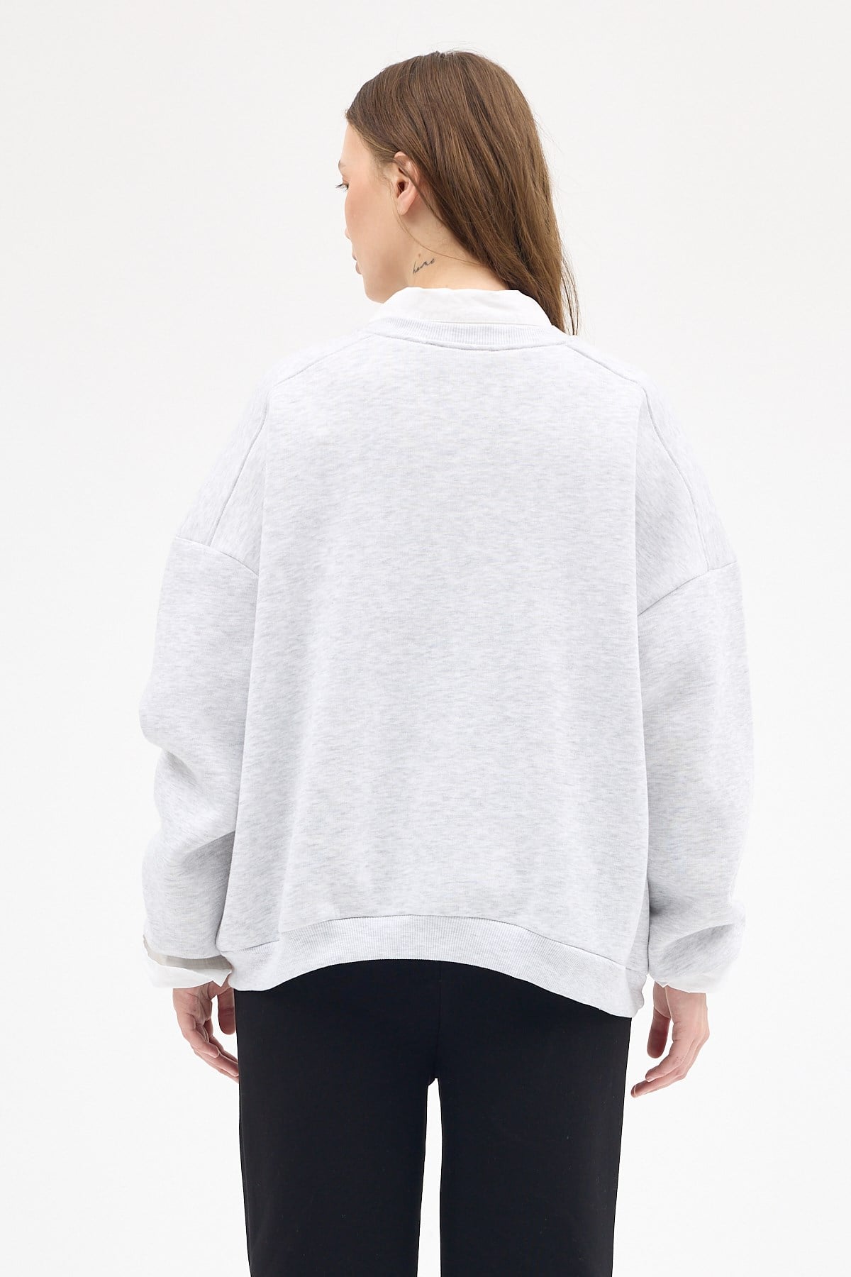 Kadın Pamuklu İçi Polarlı Oversize Yuvarlak Yakalı Karmelanj Sweatshirt 9152M