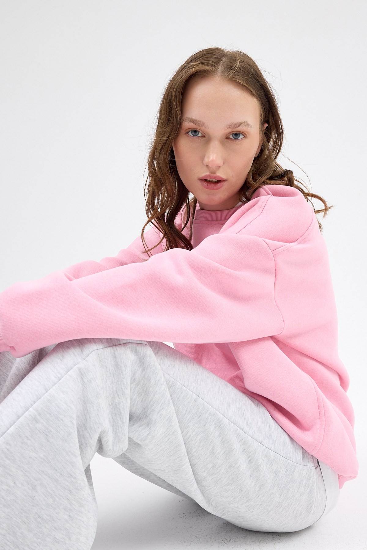 Kadın Pamuklu İçi Polarlı Oversize Yuvarlak Yakalı Pembe Sweatshirt 9152M