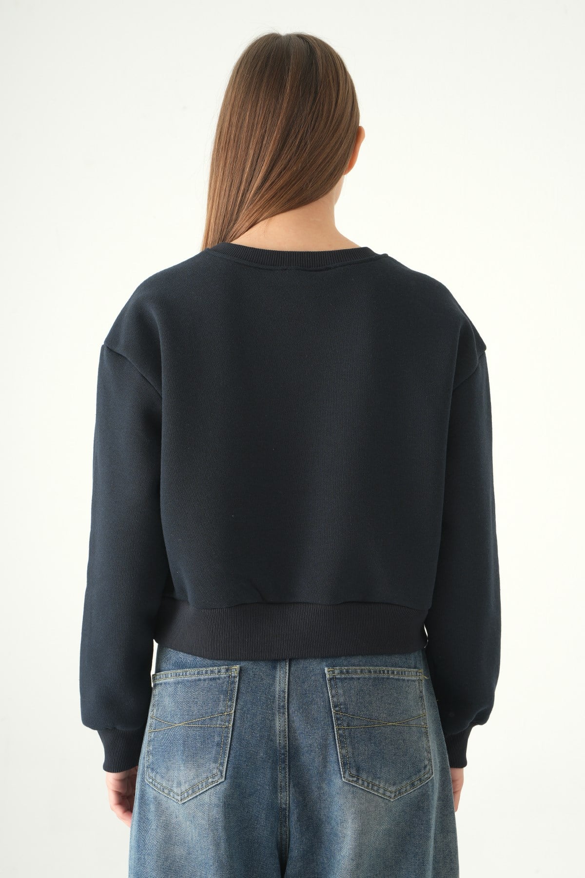 Kadın Pamuklu İçi Polarlı Oversize Yuvarlak Yakalı Laci Sweatshirt 9152M