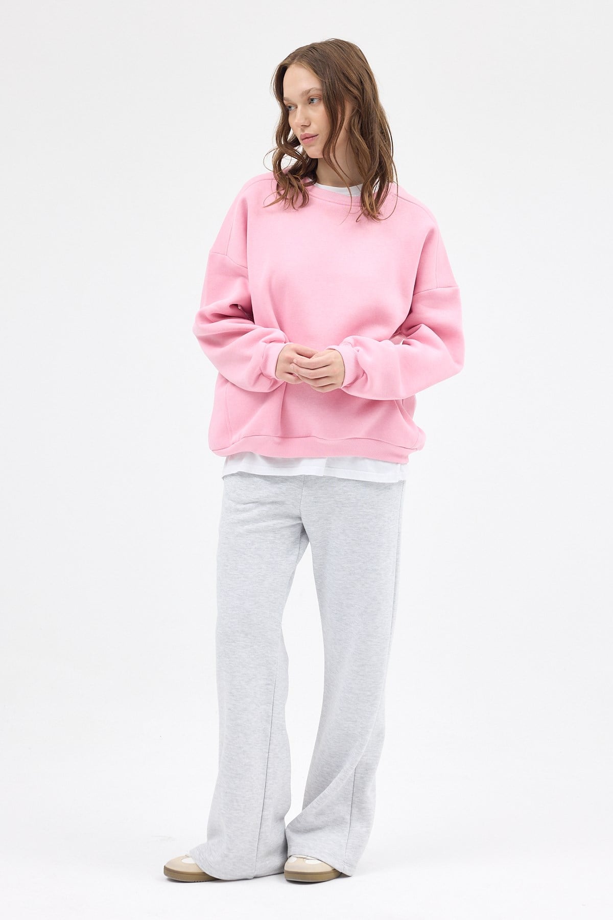 Kadın Pamuklu İçi Polarlı Oversize Yuvarlak Yakalı Pembe Sweatshirt 9152M