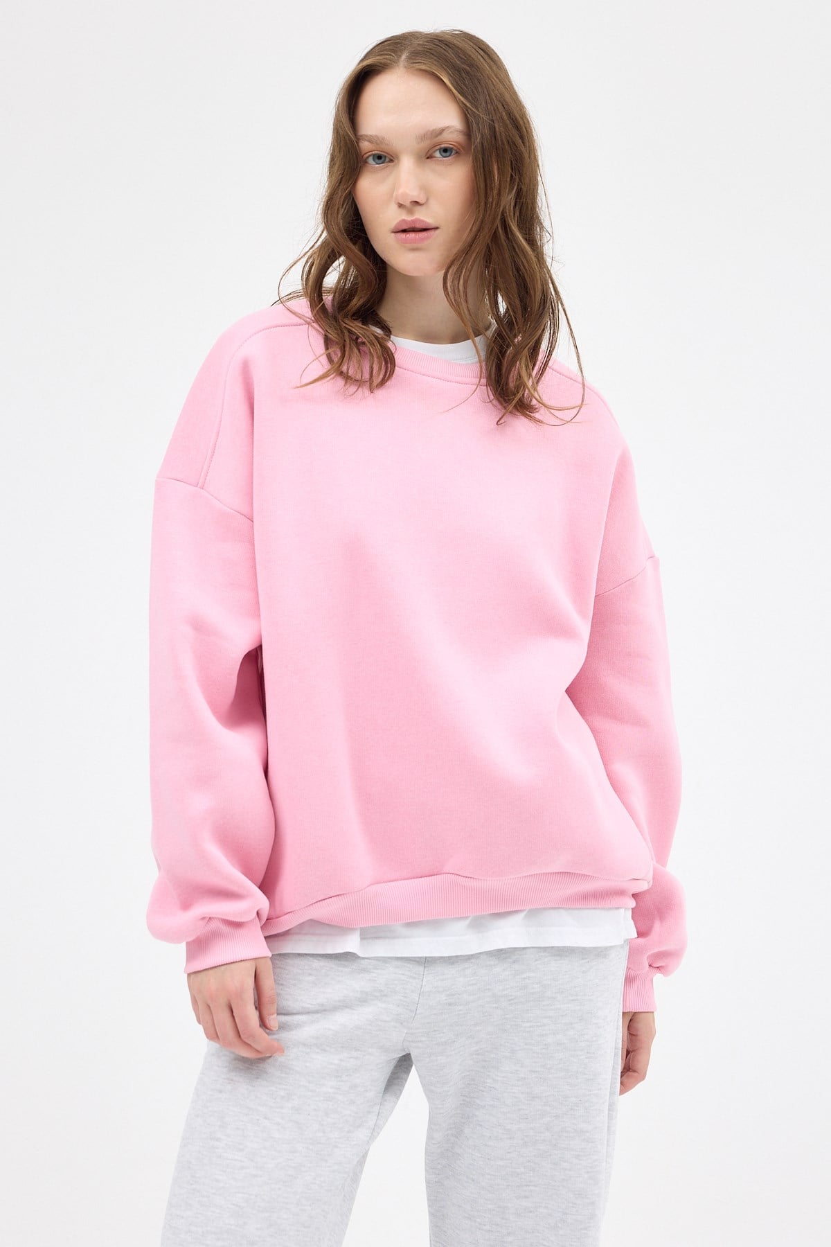 Kadın Pamuklu İçi Polarlı Oversize Yuvarlak Yakalı Pembe Sweatshirt 9152M