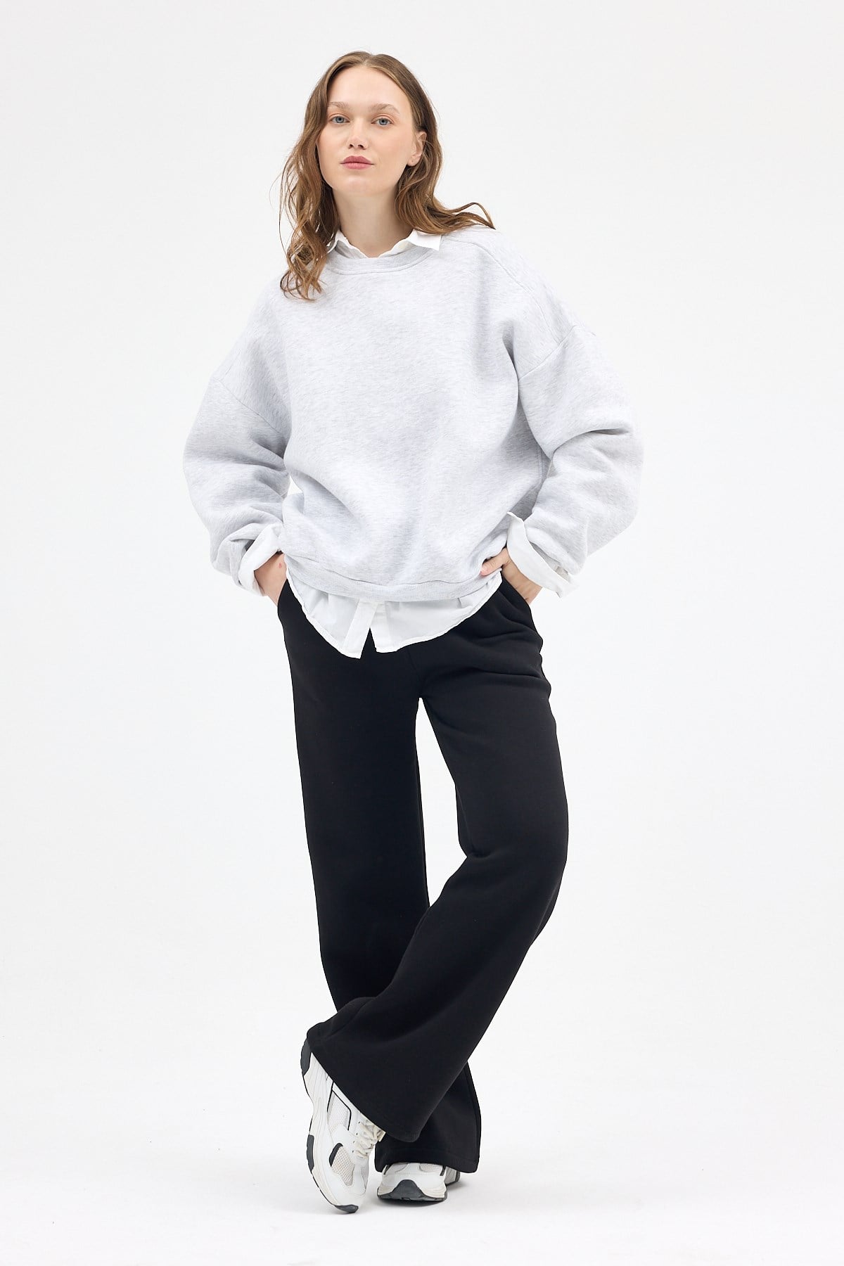 Kadın Pamuklu İçi Polarlı Oversize Yuvarlak Yakalı Karmelanj Sweatshirt 9152M