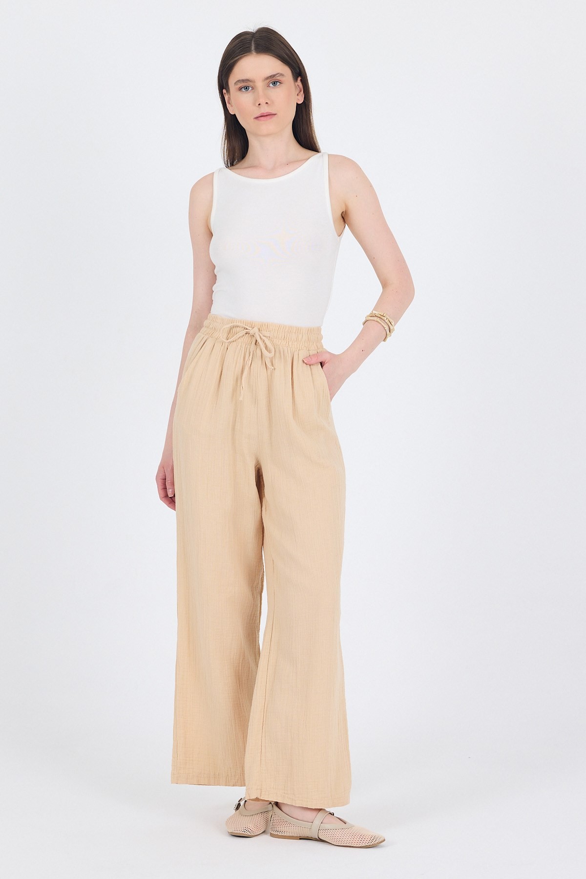 Kadın Pantolon-Bej  %100 Pamuk Müslin Palazzo/Bol Paça Pantolon 8056A-rulem