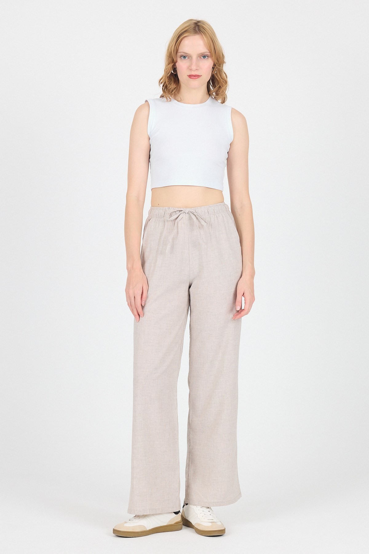 Kadın Pantolon-Bej Pamuklu Bel Lastikli Wide Leg/Bol Paça Pantolon 4754A-rulem