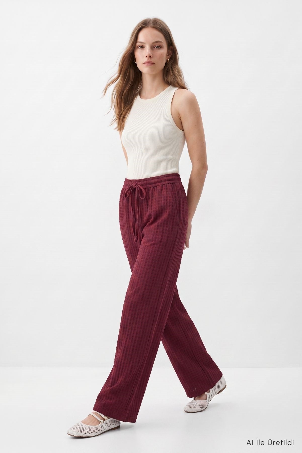 Kadın Pantolon-Bol Paça Pantolon 8612A Bordo -rulem