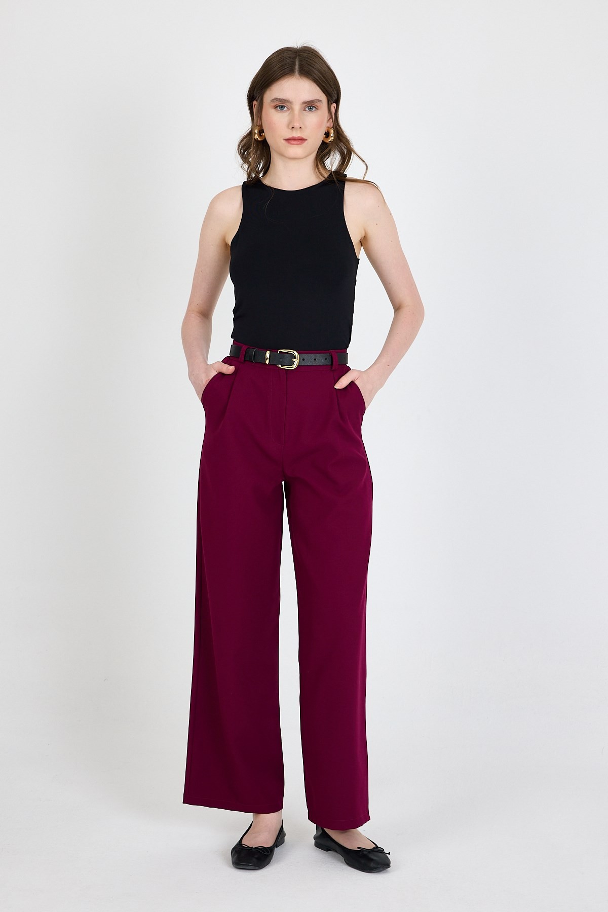 Kadın Pantolon-Bordo Pile Detaylı Palazzo Pantolon 4003A-rulem