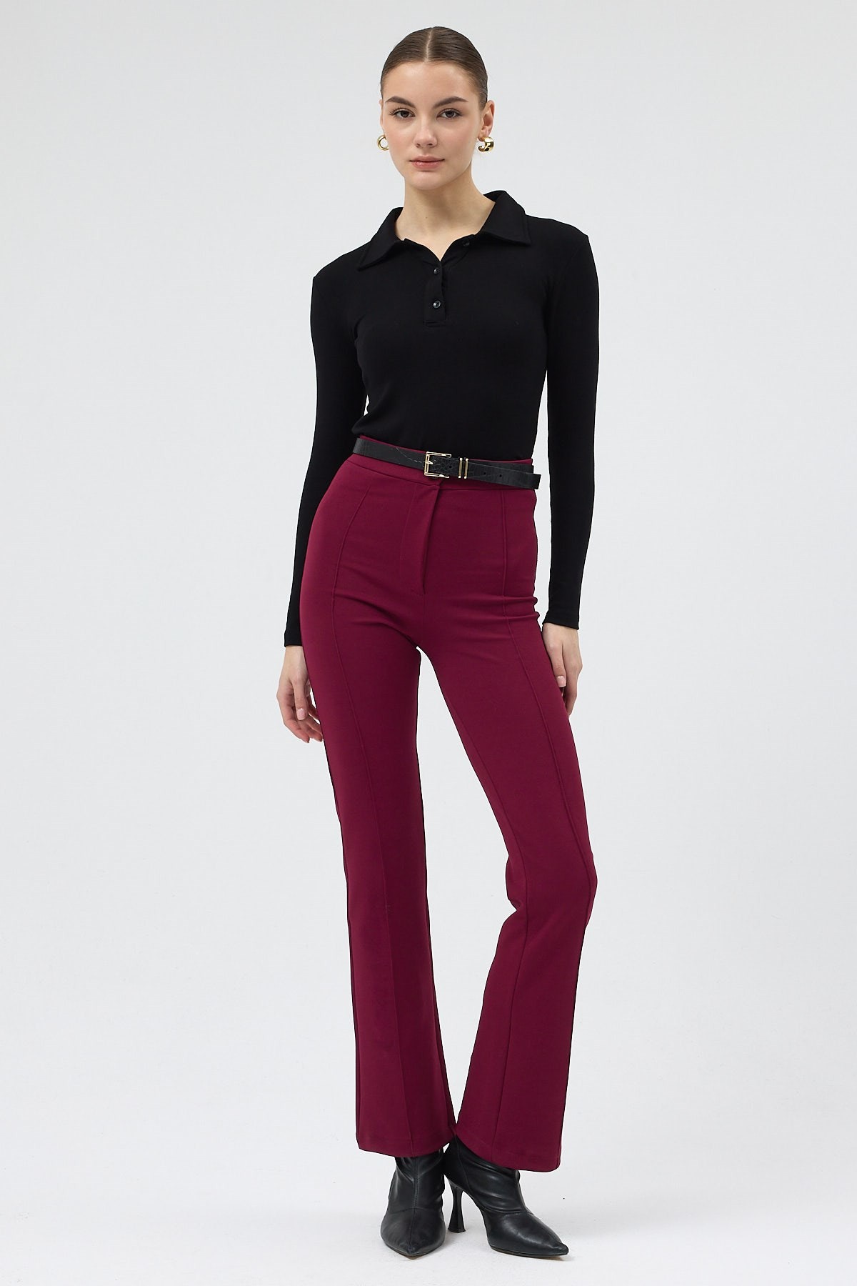 Kadın Pantolon-Bordo Straight/Düz Kesim Yüksek Bel Nervür Dikişli Örme Pantolon TCR-6873A-rulem