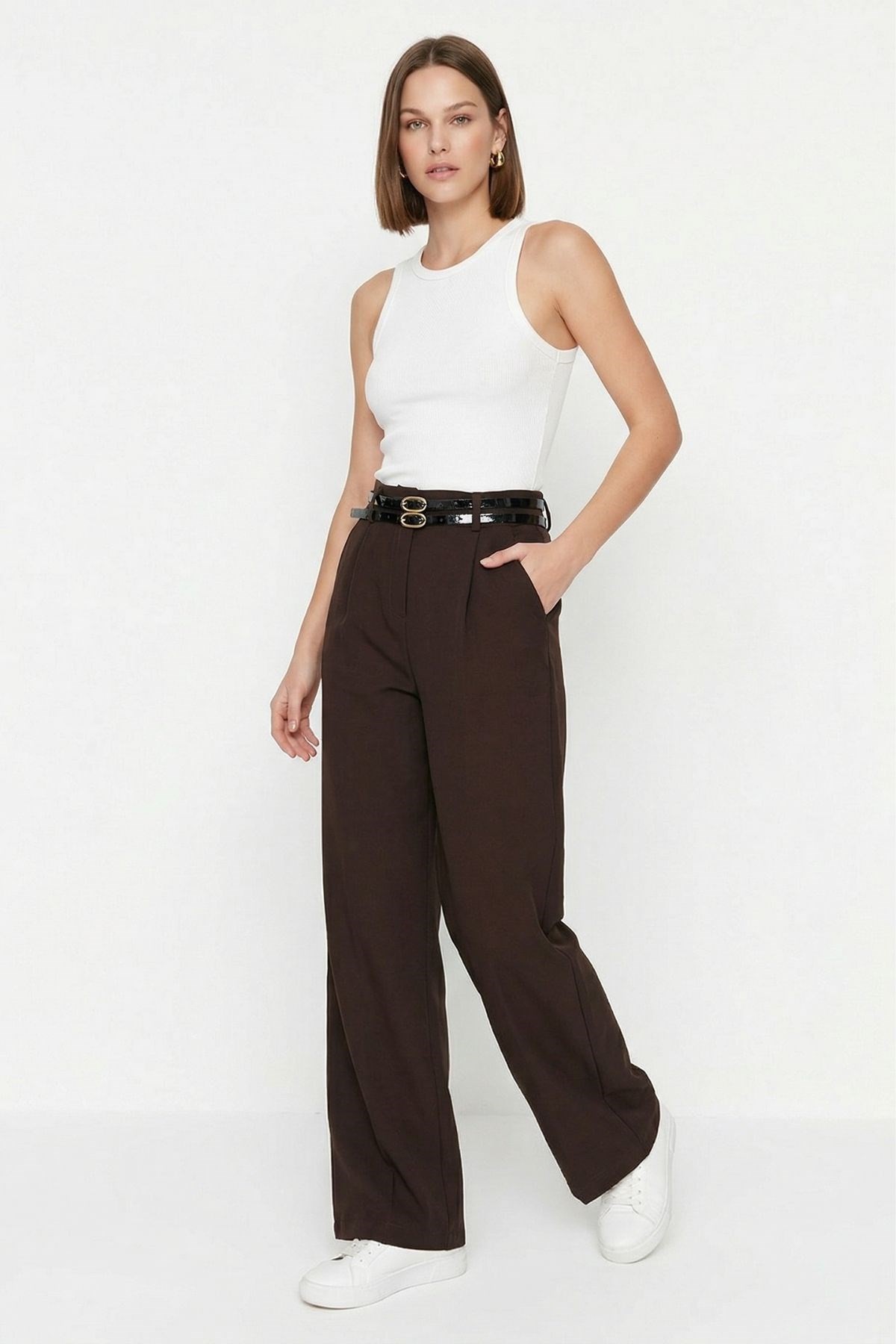 Kadın Pantolon-Çift Kemerli Pantolon 8413A Kahve -rulem